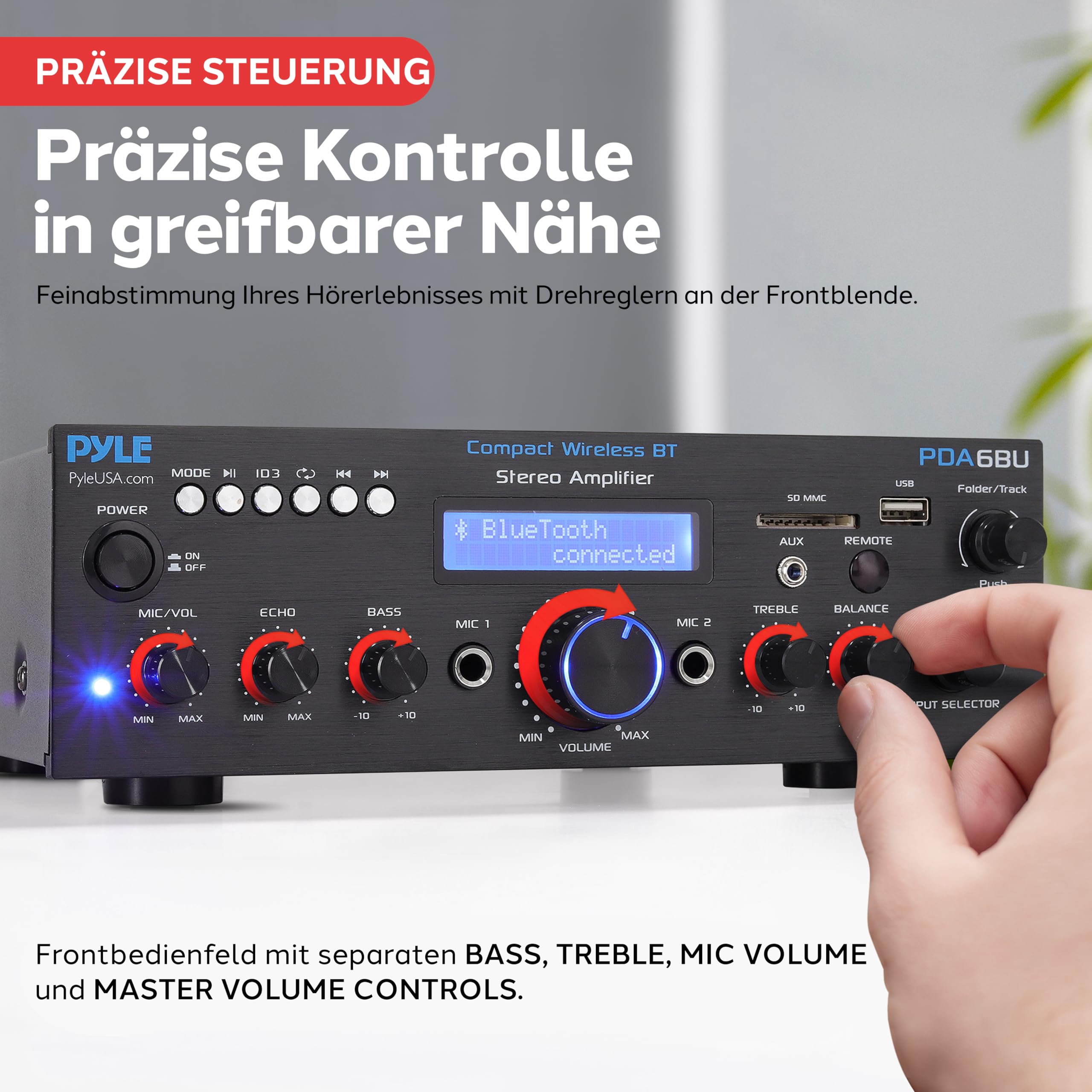 Pyle HiFi Verstärker 200W Bluetooth Stereo Verstärker, 2 Kanal mit USB SD AUX Audio Receiver mit Mikrofoneingang Echo FM Radio und LCD Display für Karaoke und Heimkino