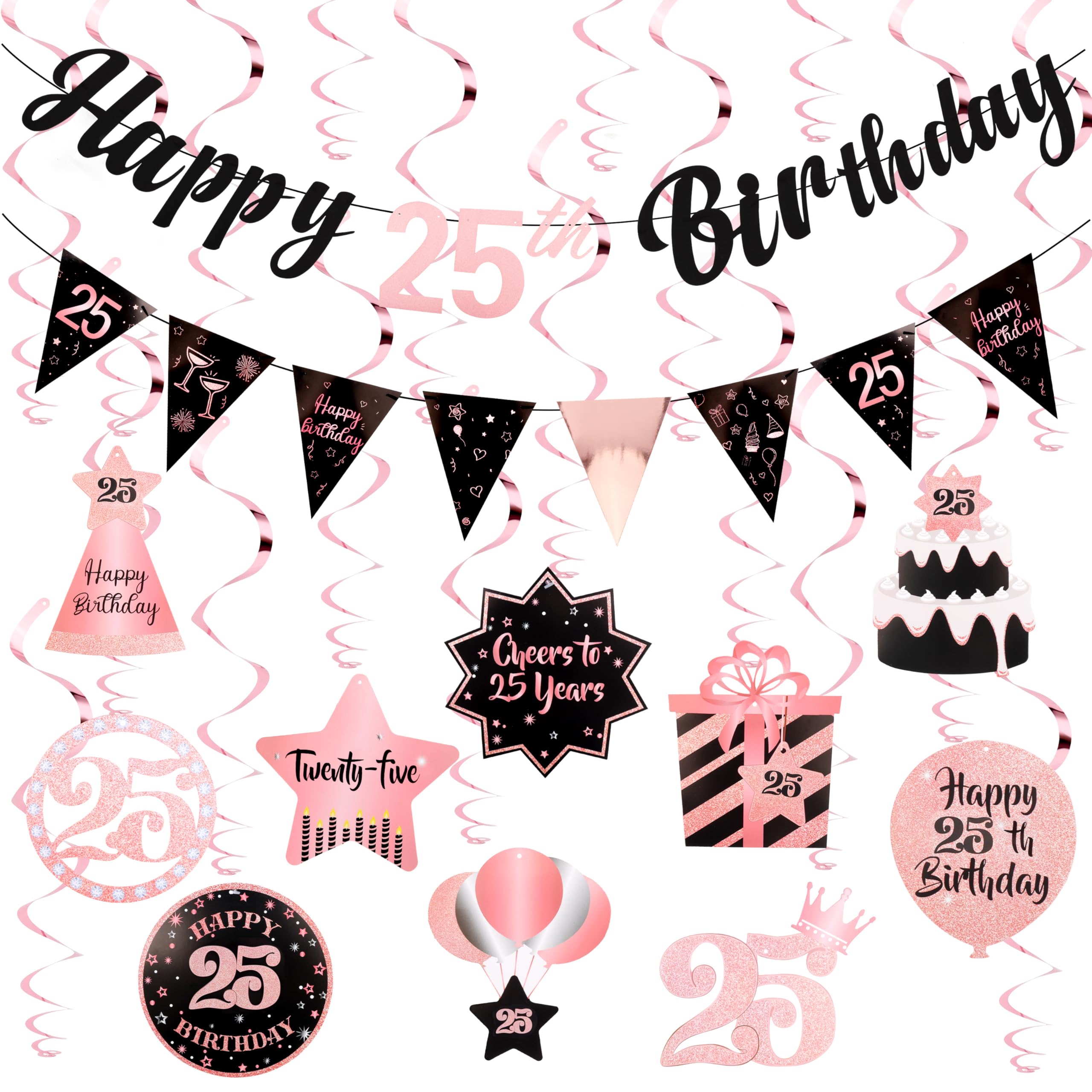 25th Birthday Decorations for Women Rose Gold Pink Pre Strung Happy 25th Birthday Banner and Hanging Swirls 25 Year Old Party Decorations Supplies