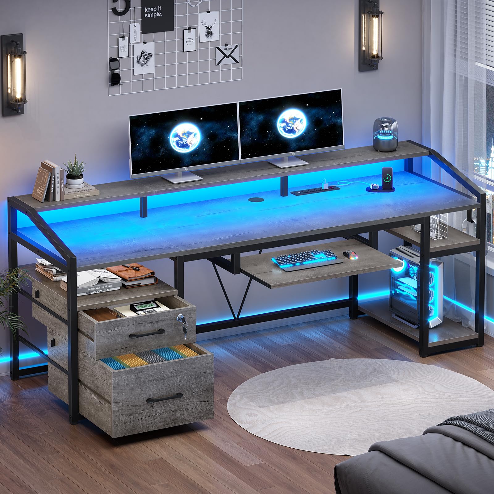 SEDETA 63" Computer Desk, Office Desk with Lockable Drawers for Legal/Letter File, Gaming Desk with LED Lights & Power Outlet, Home Office Desks with Storage, GreyThe Forest Stewardship Council