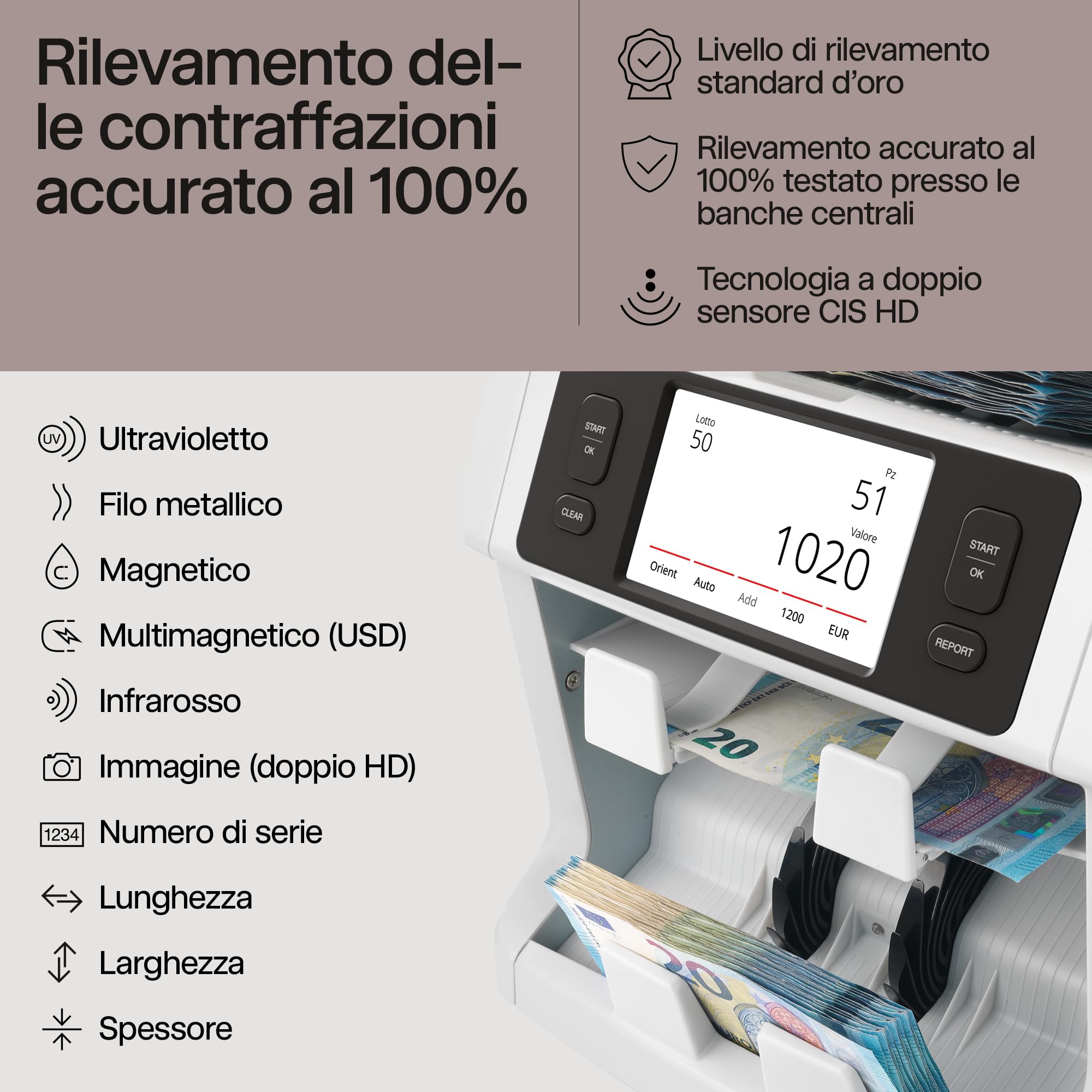 Safescan 2985-SC Contabanconote che conta il valore e ordina le banconote miste - Contabanconote con rilevatore di denaro falso a 10 punti - Contasoldi con l'app gratuita Safescan