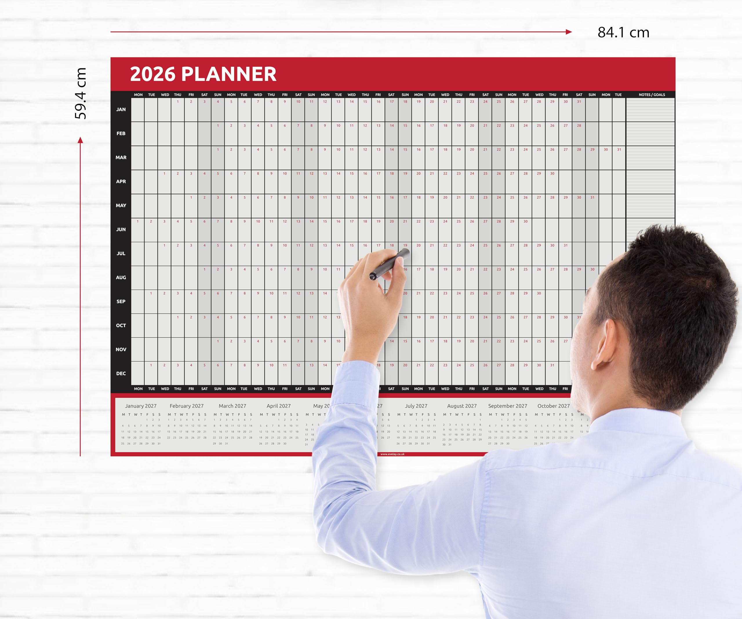 Calendario planificador de pared 2026, tamaño A1 (84 cm x 59 cm), calendario de vista anual para casa, oficina, trabajo, año completo (rojo)
