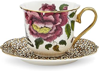 Spode Creatures of Curiosity Tea Cup and Saucer Fluted White Leopard, CRCWL8818-XG