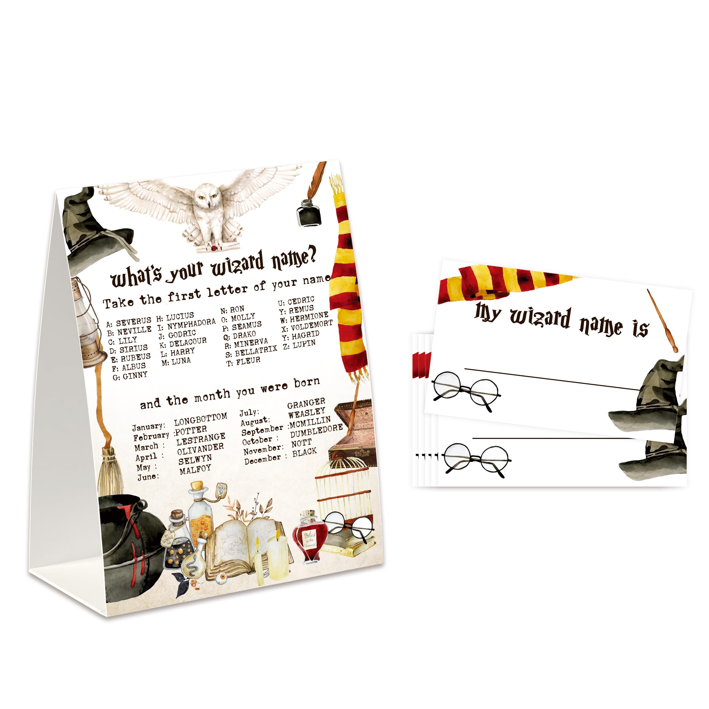 UHADRE What is Your Wizard Name Game (One Sign with 30 Tag Stickers), School of Magic Wizard School Name Game,Wizard Birthday Game,Wizard Party Game,Class Home Office Party Activity-WYN03
