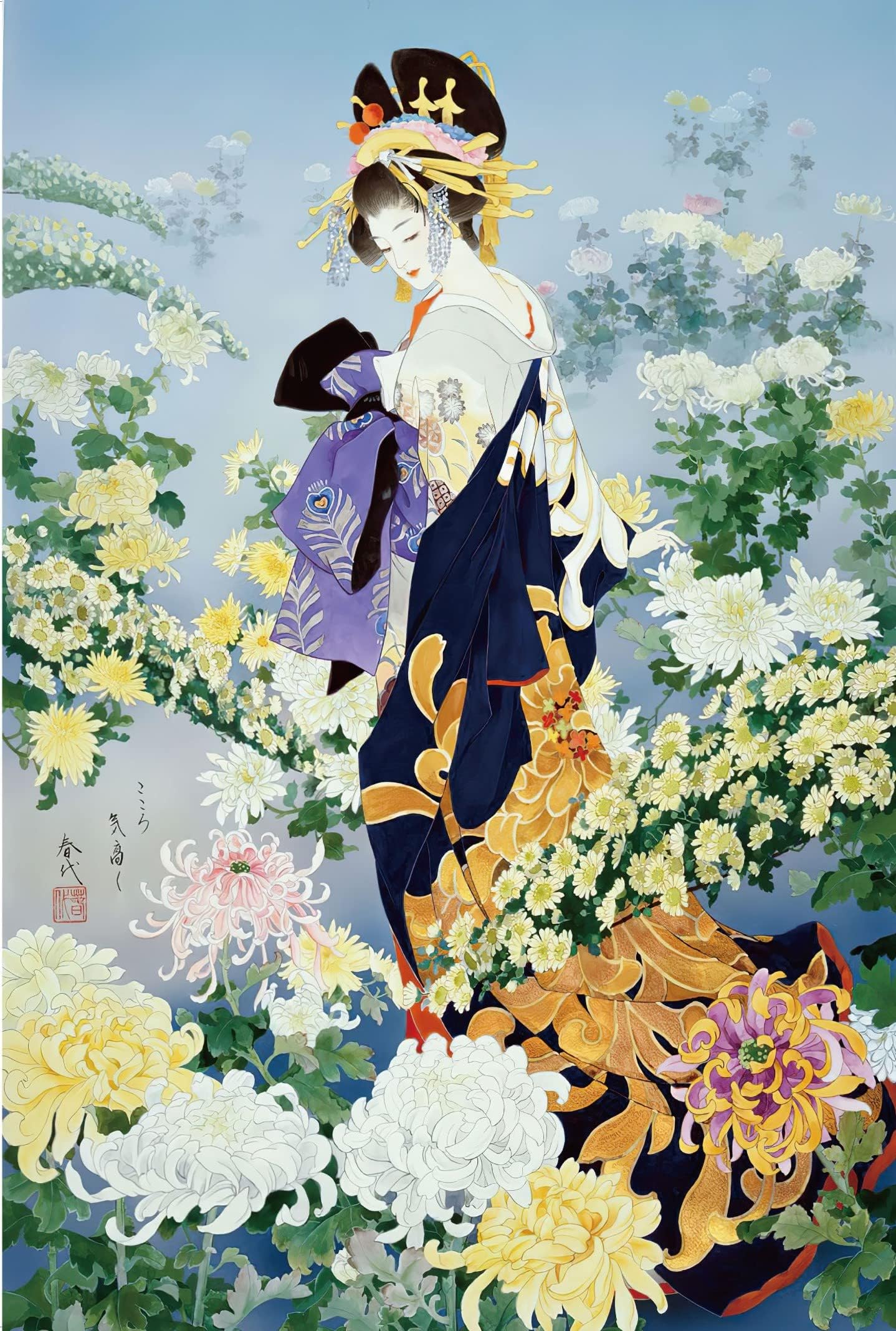 Funnybox Chrysanthemum Kimono Beauty Paintings by Haruyo Morita- Wooden Jigsaw Puzzle 1000 Piece for Teens and Family