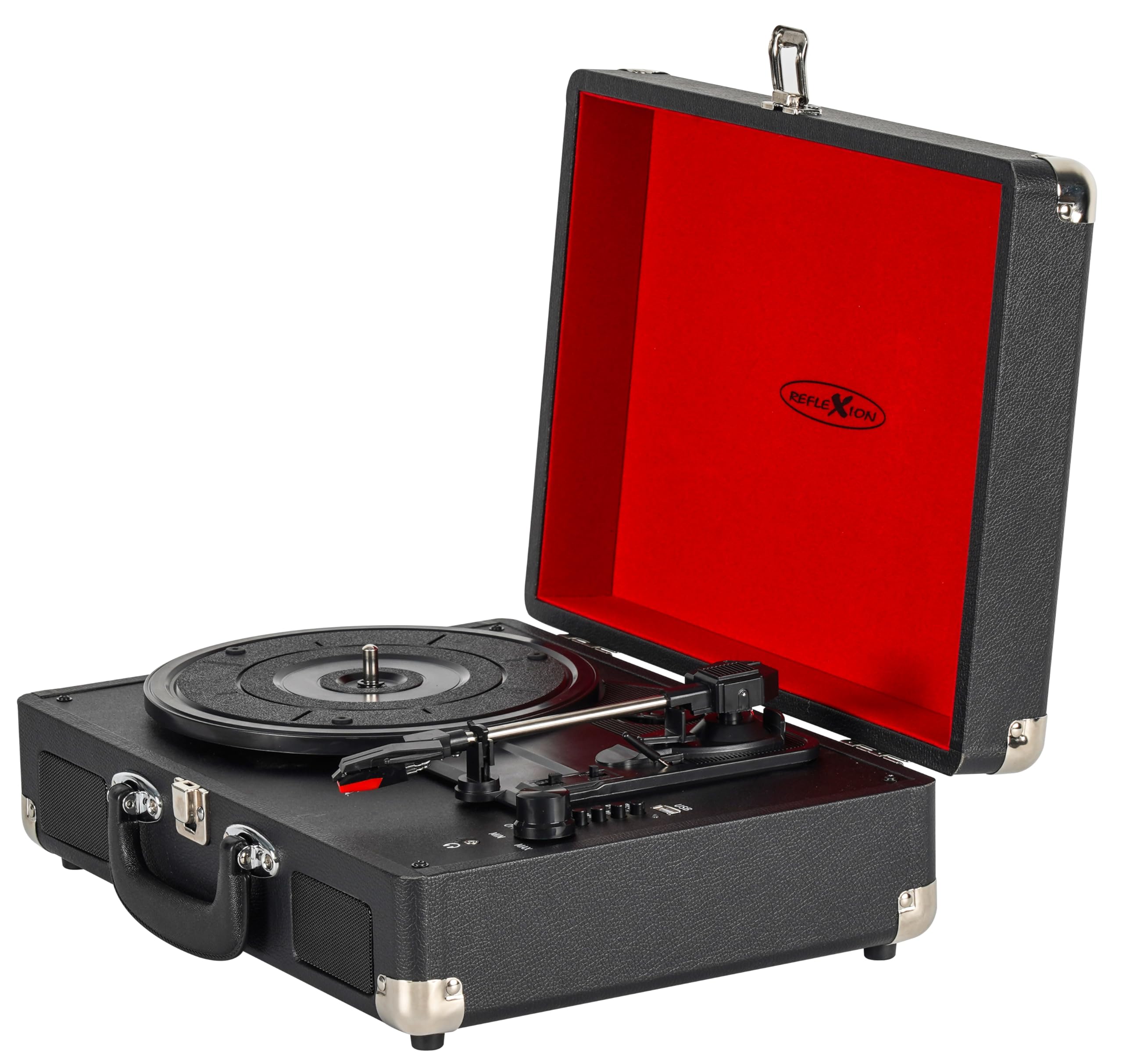Reflexion HIF1979BT Retro Plattenspieler mit Bluetooth 5.1, MP3-Aufnahme auf USB, Lautsprecher, AUX, 3 Geschwindigkeiten, tragbarer Koffer-Turntable in Holzoptik mit Leder-Design