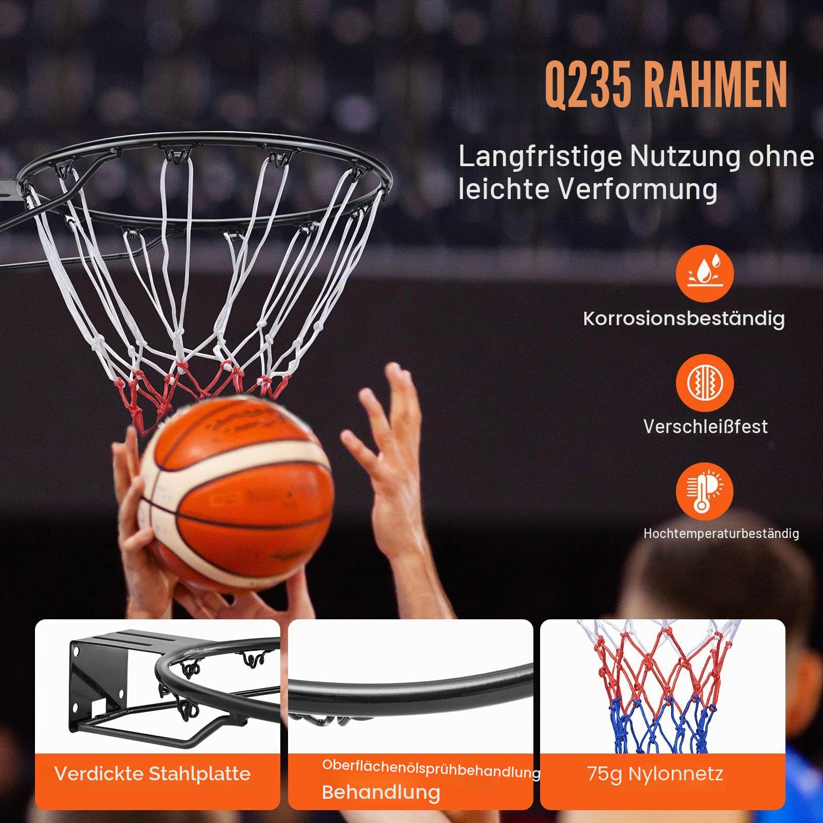 VEVOR Basketballkorb Hangring Basketballring 485 mm, Basketball Basketballring Netz 595 x 485 x 120 mm Qualität-und Sicherheitsgeprüft Indoor & Outdoor, Universal Stabiler Basketballkorb Orange