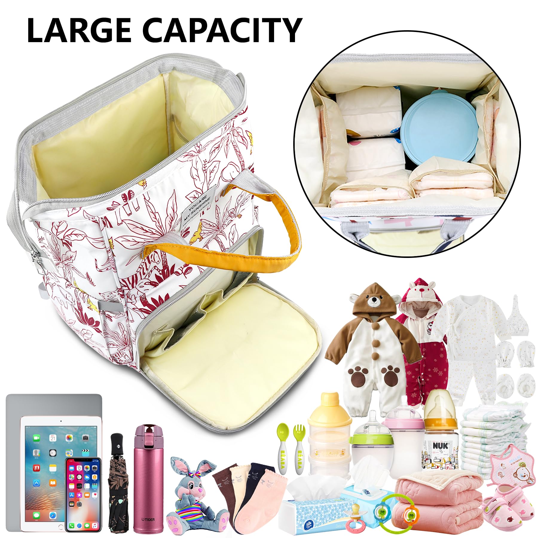 LEcylankEr Zaino Mamma Multifunzione Neonato Grande Capacità Borsa per Pannolini in Tessuto Oxford con Tasche Isolanti Zaino Fasciatoio per Cambio