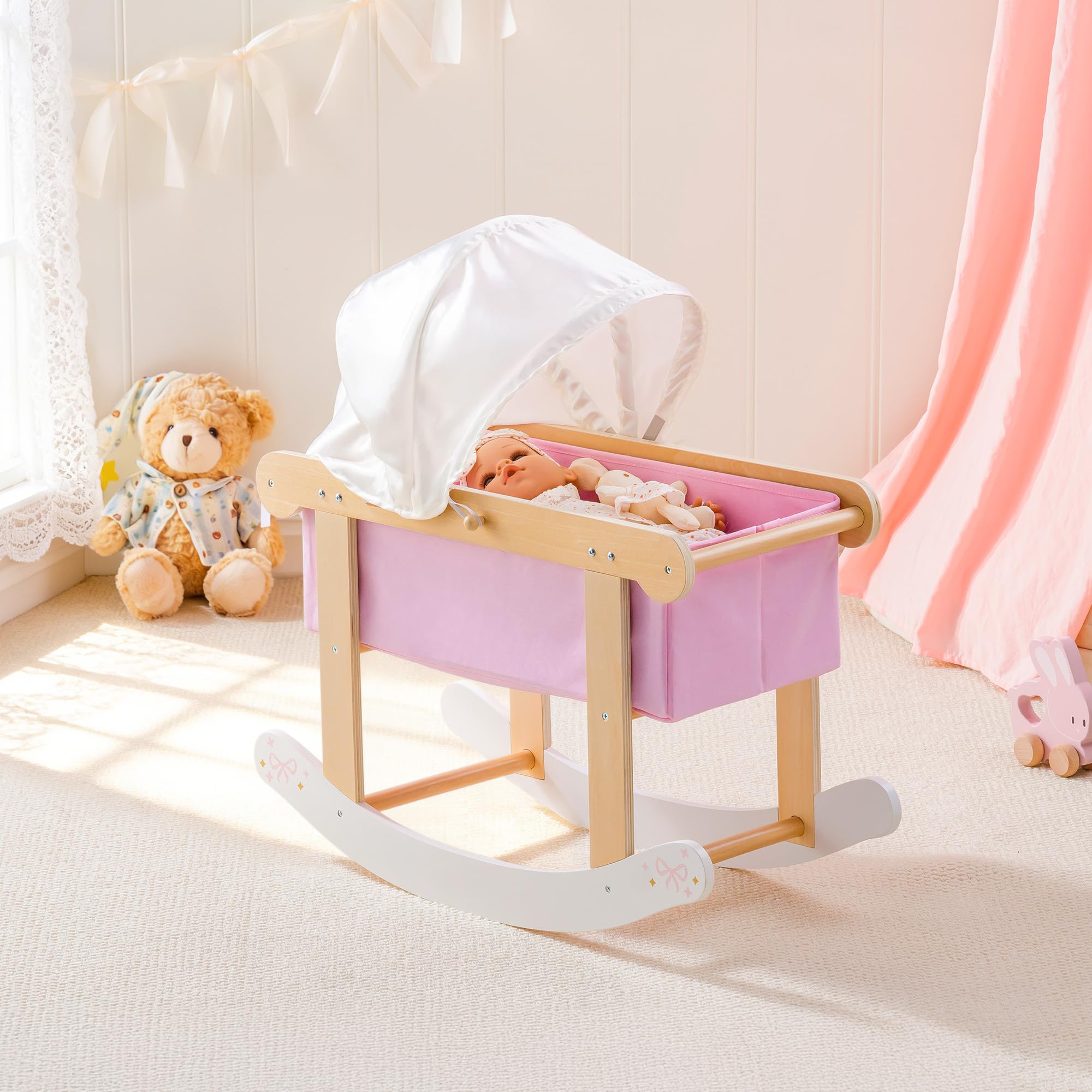 ROBUD Puppenwiege mit Baldachin für 45 cm Puppen, Puppenbett Holz mit Schaukelfunktion, Matratze und Kissen, Puppenmöbel für Mädchen ab 3 Jahren, Rosa