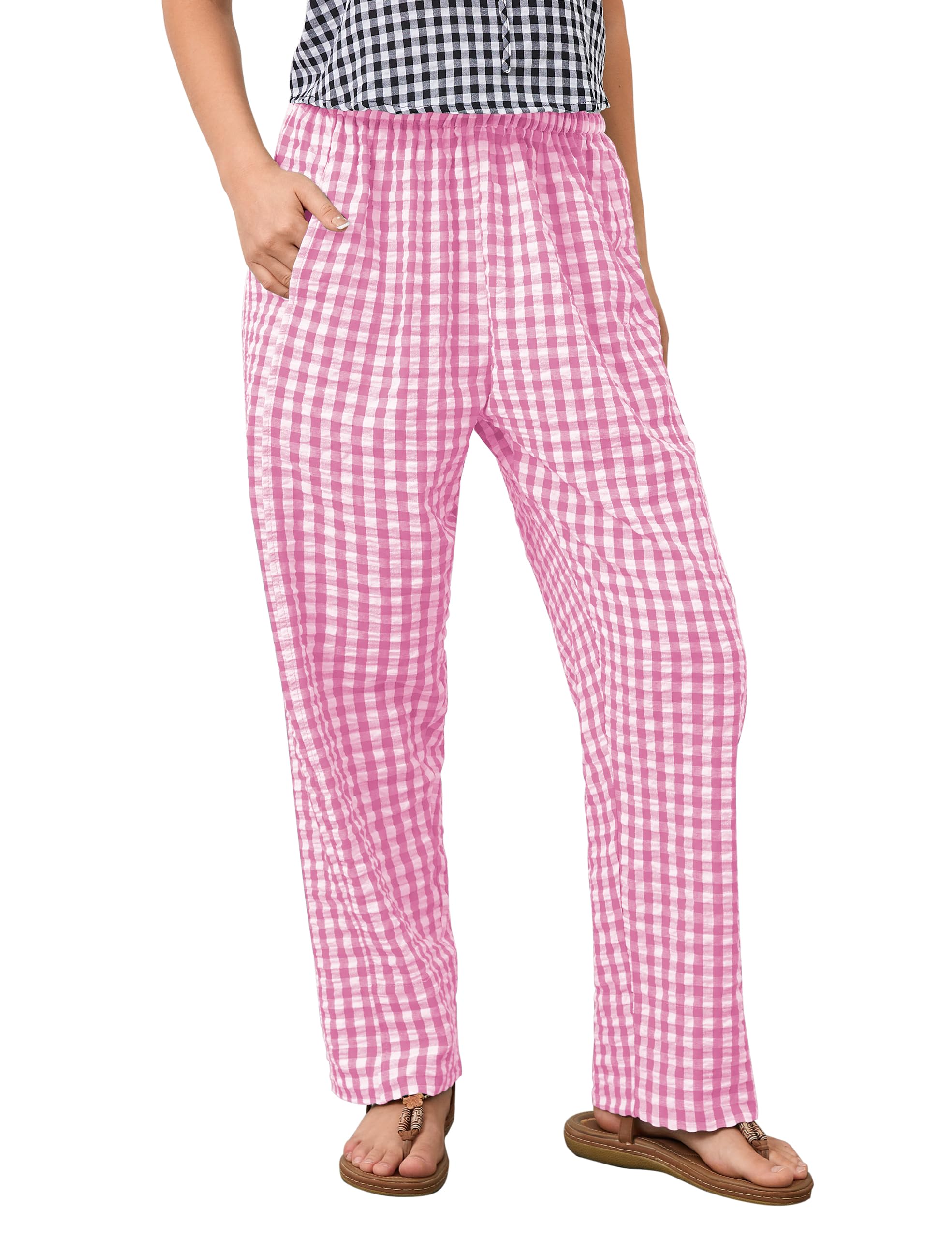 OLAPTA Women Plaid Print Gingham Comfy Lounge Pants Wide Leg Mid