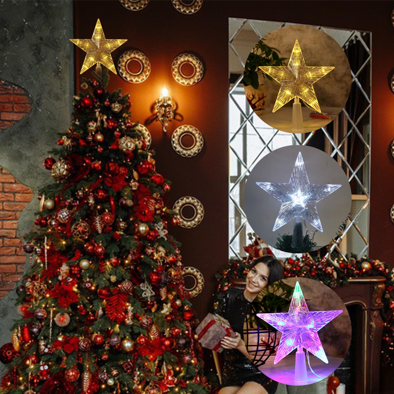 Pointe Sapin Noël LED 10 Lumières - Étoile Lumineuse 16x16cm, Prise électrique