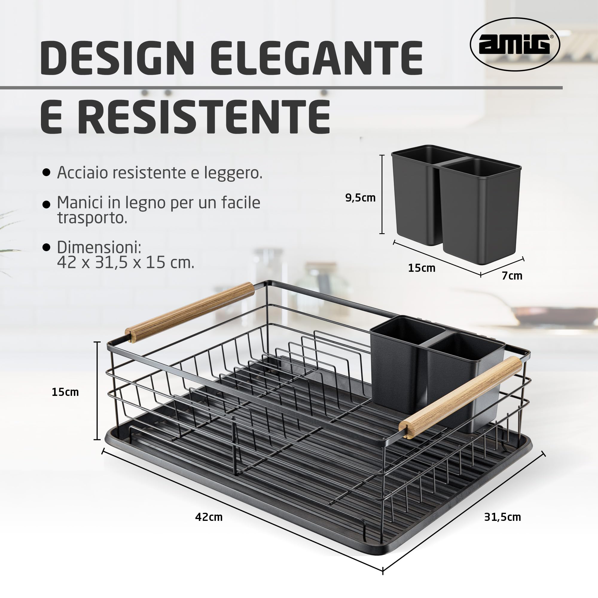 Amig - Scolapiatti Graz - 42 x 31,5 x 15 cm - Acciaio con Manico in Legno - Colore Nero - Scolapiatti con Vassoio di Sgocciolamento e Supporto per Posate - Capacità per 10 Piatti e 6 Bicchieri