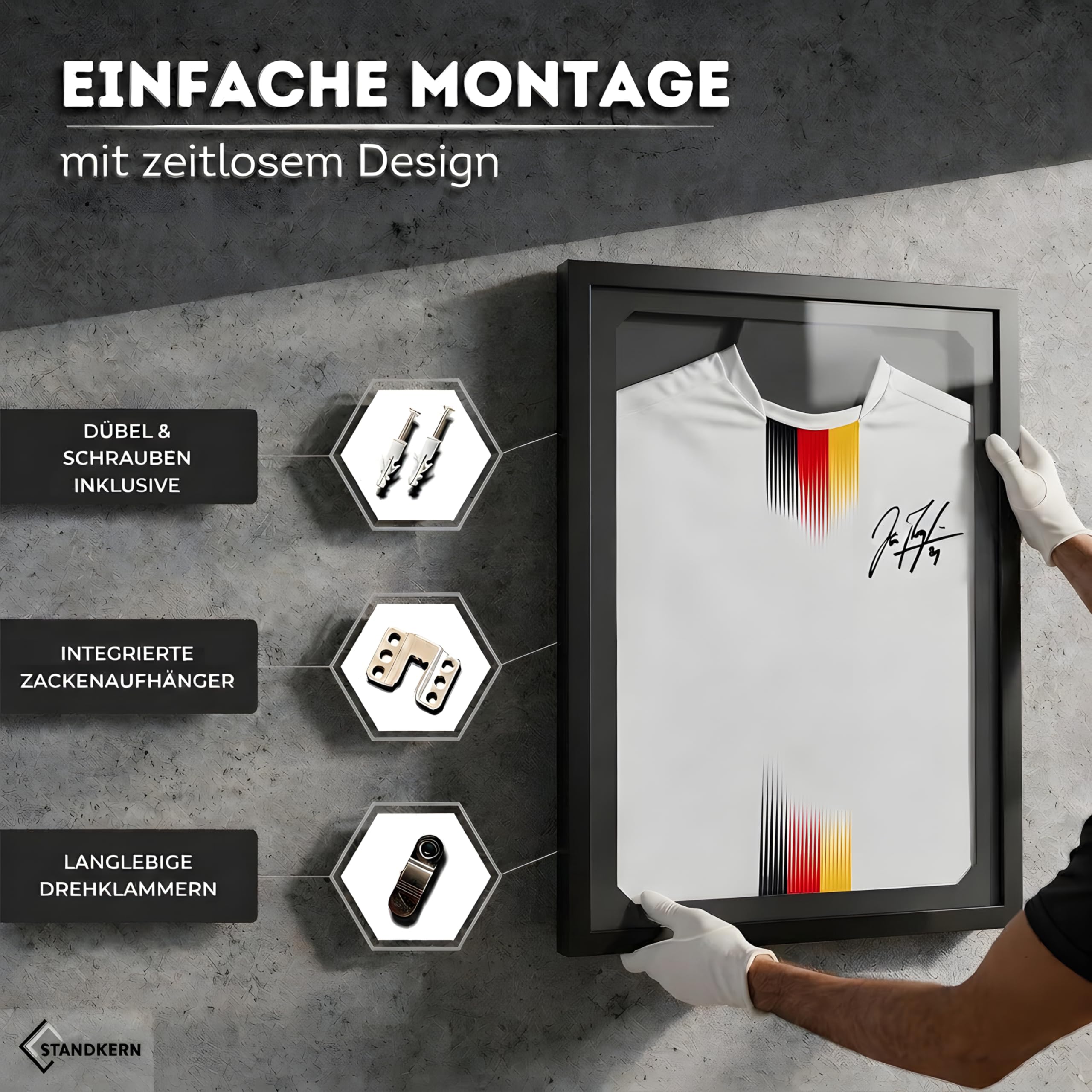 3D Trikotrahmen Fußball - XL Bilderrahmen für Trikot mit faltenfreier Fixierung - Trikot Bilderrahmen für alle Größen - Trikot Rahmen mit einfacher Montage - Objektrahmen Jersey Frame