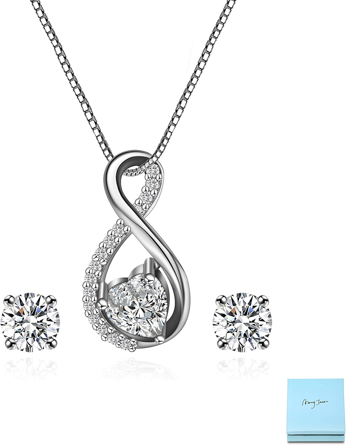AMYJANE Cubic Zirconia Bridal Jewelry Set - Women's Sterling Silver CZ Crystal Infinity Pendant Necklace Stud Earring Set for Wedding Bride Bridesmaids Platinum Plated Infinity Jewelry