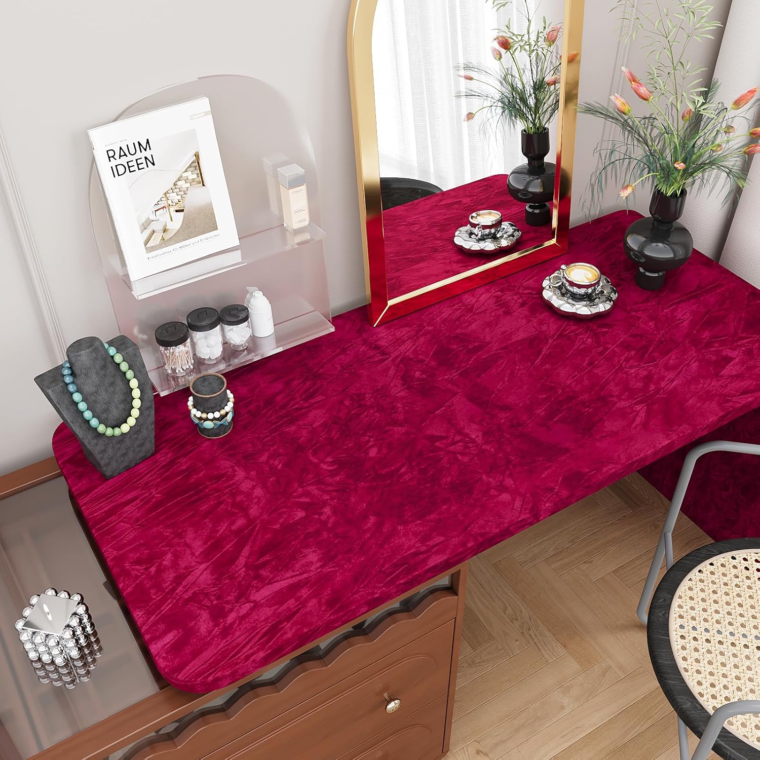 VEELIKE Soft Red Crushed Flocked Velvet Fabric Self Adhesive Felt Drawer Liner 15.7''x118'' Velvet Lining for Jewelry Box Drawers Art Crafts Felt Sheets Contact Paper for Cabinets Drawer Shelf Liners