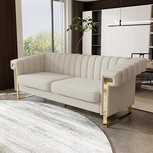 Miniatura 4 de Juego de sofá de 2 piezas para sala de estar, elegante juego de sofá de terciopelo beige con patas de metal dorado, moderno juego de sofá copetudo