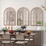 CHARMAID Farmhouse Arch Wall Mirror - 34"x24" Arched Window Pane Mirror, Rustic Wood Framed Wall Mounted Mirror, Hanging Windowpane Mirror Wall Decor for Hallway Entryway Living Room, Cathedral Arch