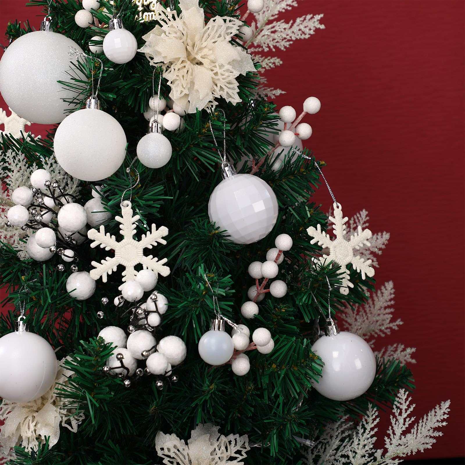 Lot de 94 décorations de sapin de Noël comprenant des boules de Noël à paillettes - Fleurs poinsettia à paillettes - Baies et tiges pour Noël, vacances, mariage (blanc)