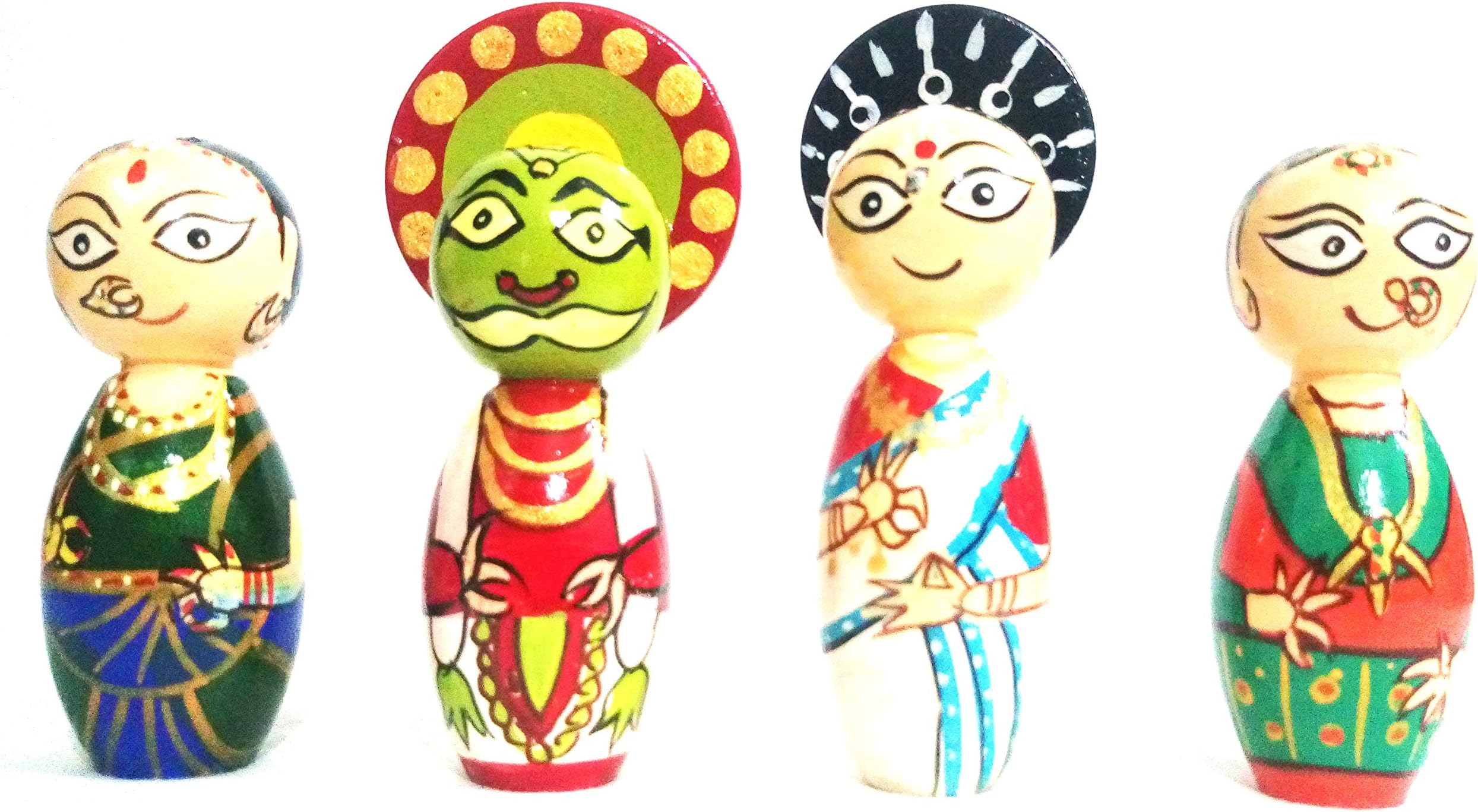 Handcrafted Channapatna Wooden Colorful Kathakali Dolls/Toys-. 4 Pcs - 12 Cms