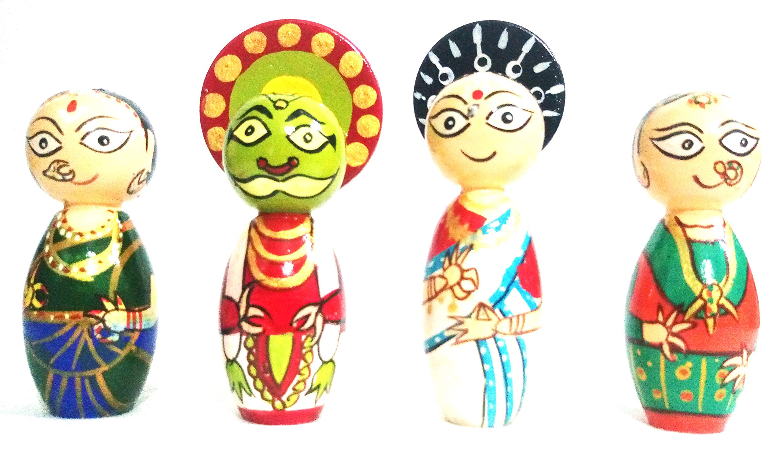 Handcrafted Channapatna Wooden Colorful Kathakali Dolls/Toys-. 4 Pcs - 12 Cms