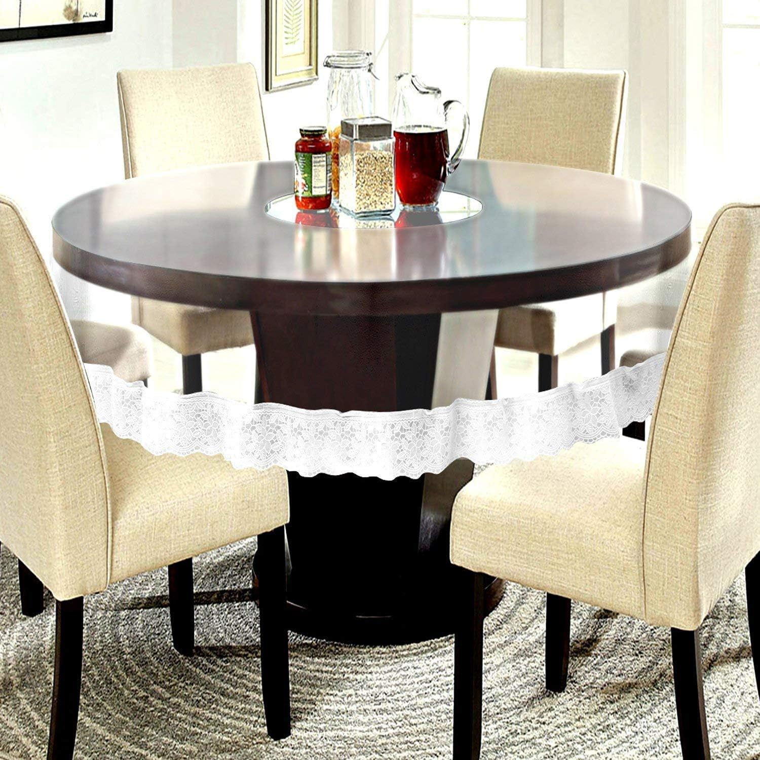 MONKDECOR (O.F Clear PVC Transparent 6 Seater Round Dining Table Cover with Silver Lace (Size-72 Inch Round)-image-25