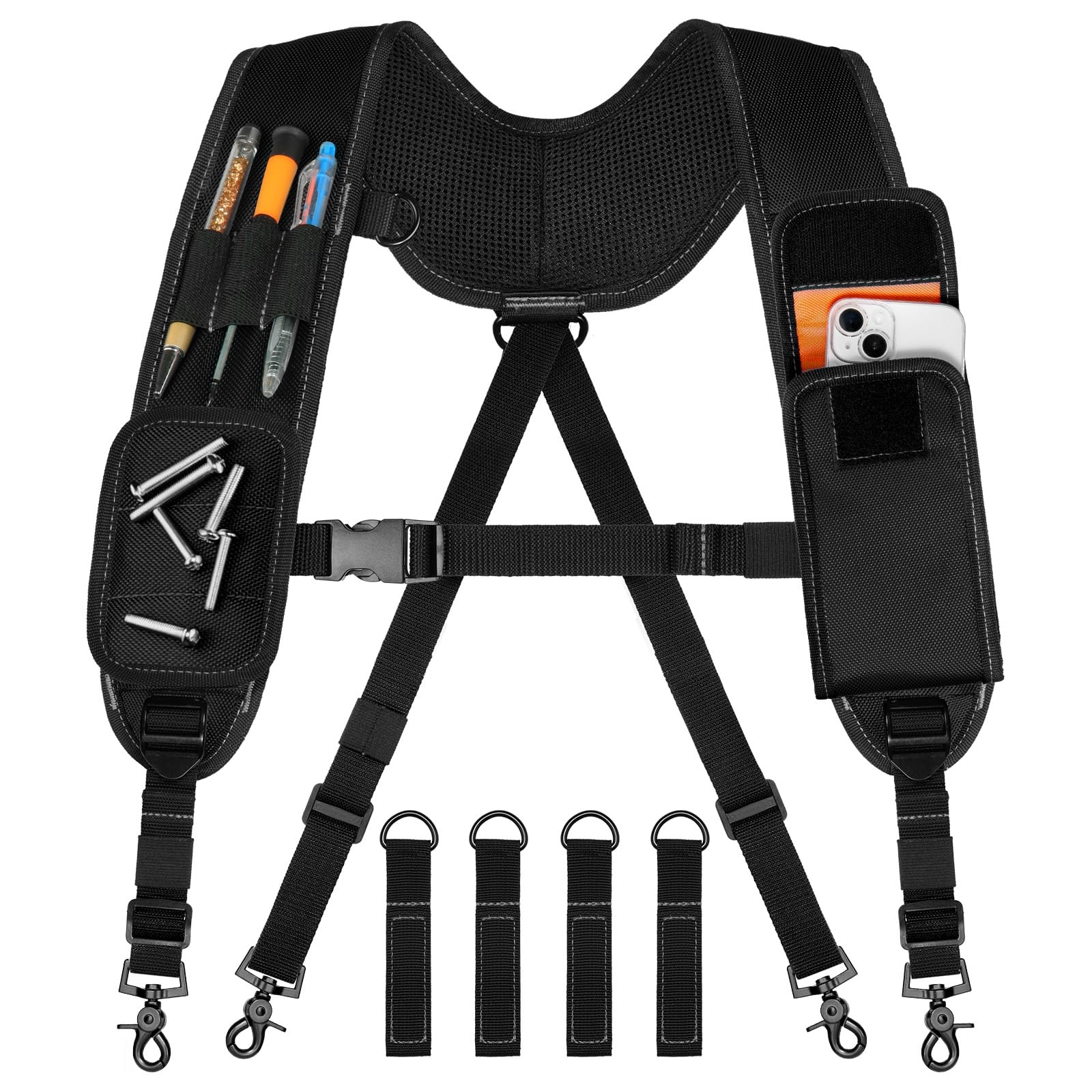 FUZVOL Tool Belt Suspenders, Tool Bag Suspenders, Work Belt Suspender with Magnetic Wristband and Loop Attachment, Padded Construction Suspender for