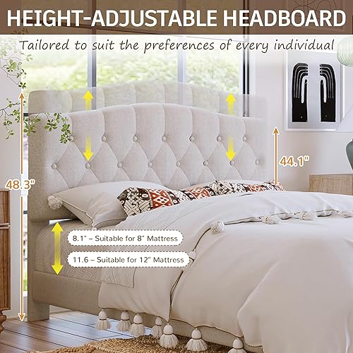 Miniatura 4 de Harper & Bright Designs Full Size Upholstered Platform Bed with Saddle Curved Adjustable Headboard, Diamond Tufted, Wooden Slats & Metal Support, No