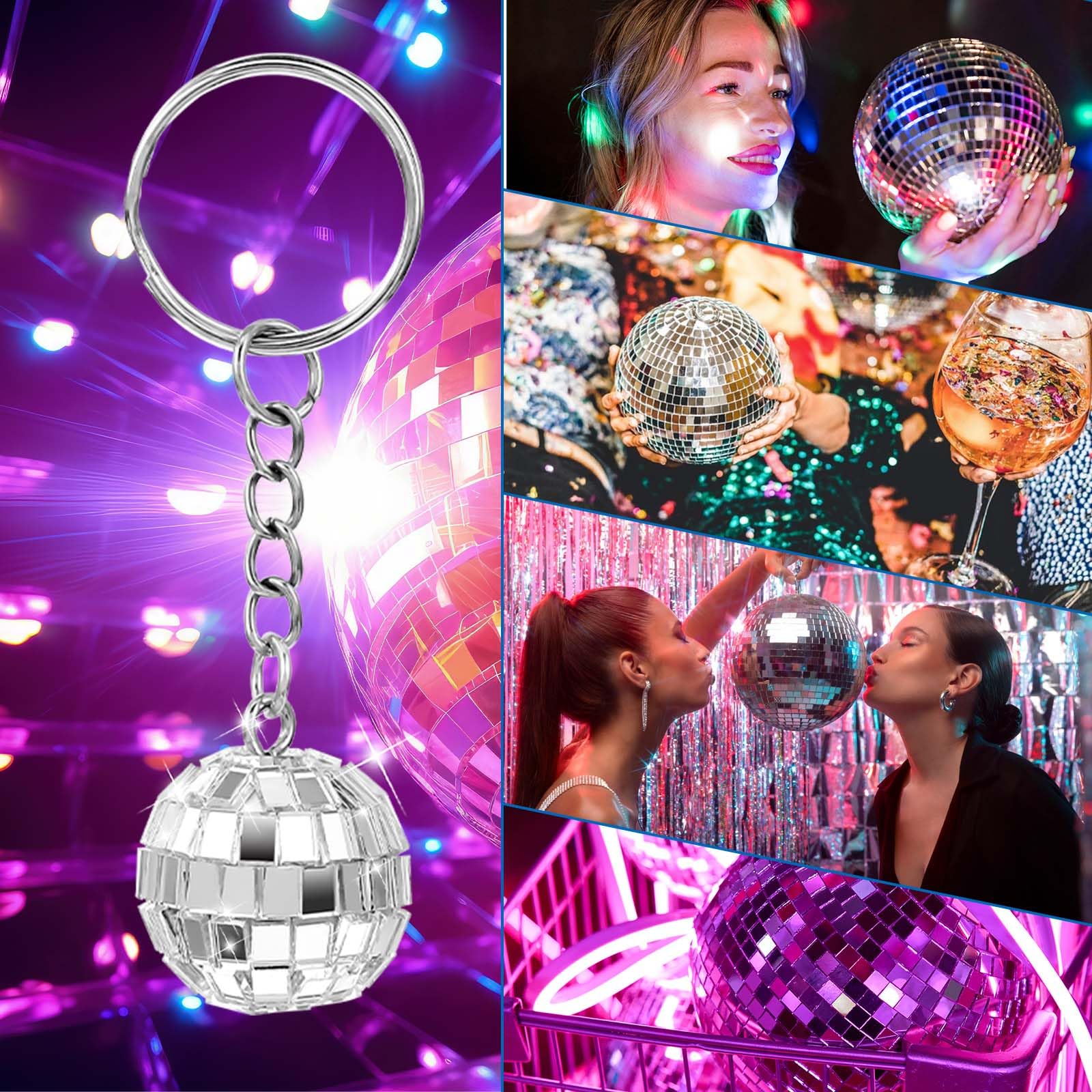Tyqour 10 Stück Disco-Schlüsselanhänger, 70er-Jahre-Disco-Schlüsselanhänger, Silber Hängende Spiegelkugelanhänger Partyartikel für Halloween, Weihnachten, Party Deko