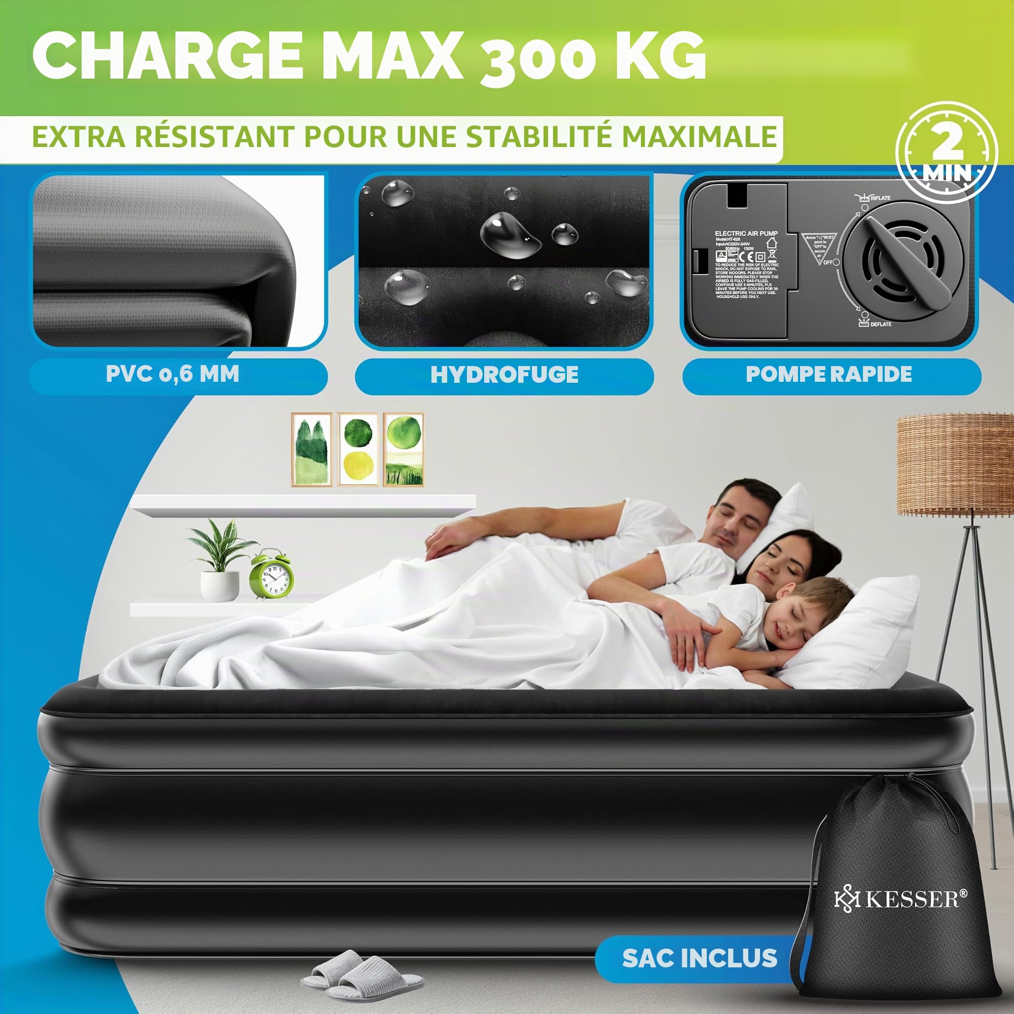 KESSER Matelas Gonflable Lit Gonflable Lit d'appoint autogonflant avec Pompe électrique intégrée, Matelas pneumatique pour Le Camping ou Un Usage Domestique avec Sac, 2 Personnes, 203 x 152,5 x 51 cm