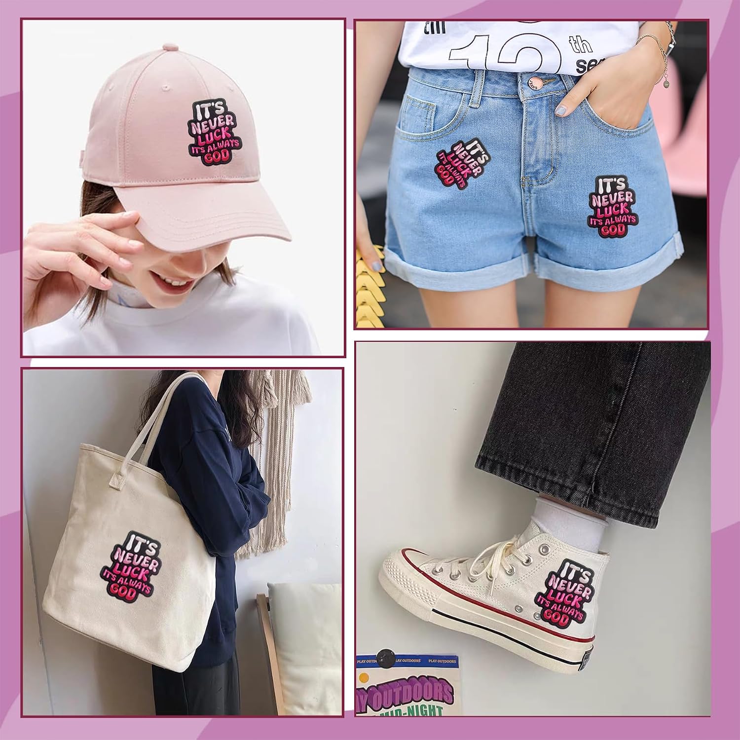 It's Never Luck It's Always God Embroidered Applique Patch，DIY Decoration Iron On/Sew On Patch for Clothing Backpacks Hats Skirts Shoes Jackets (Pink)