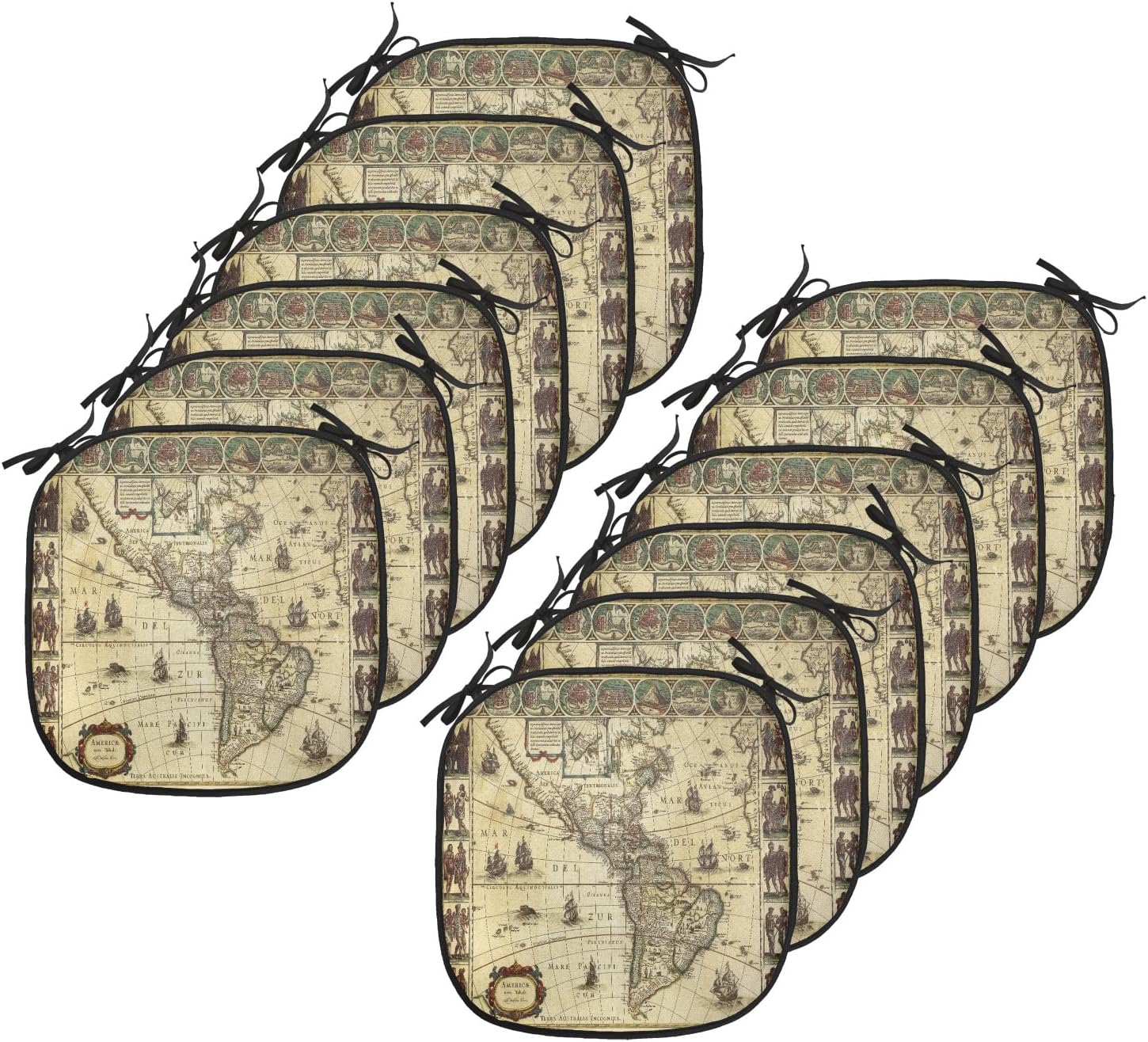 Lunarable Vintage Map Chair Cushion Pads Set 12, Old Map Middle Ages Flag Sailing Boats Landmark Antarctic Illustration, Anti-Slip Seat Padding for Kitchen & Patio, 16"x16", Brown Ivory Green