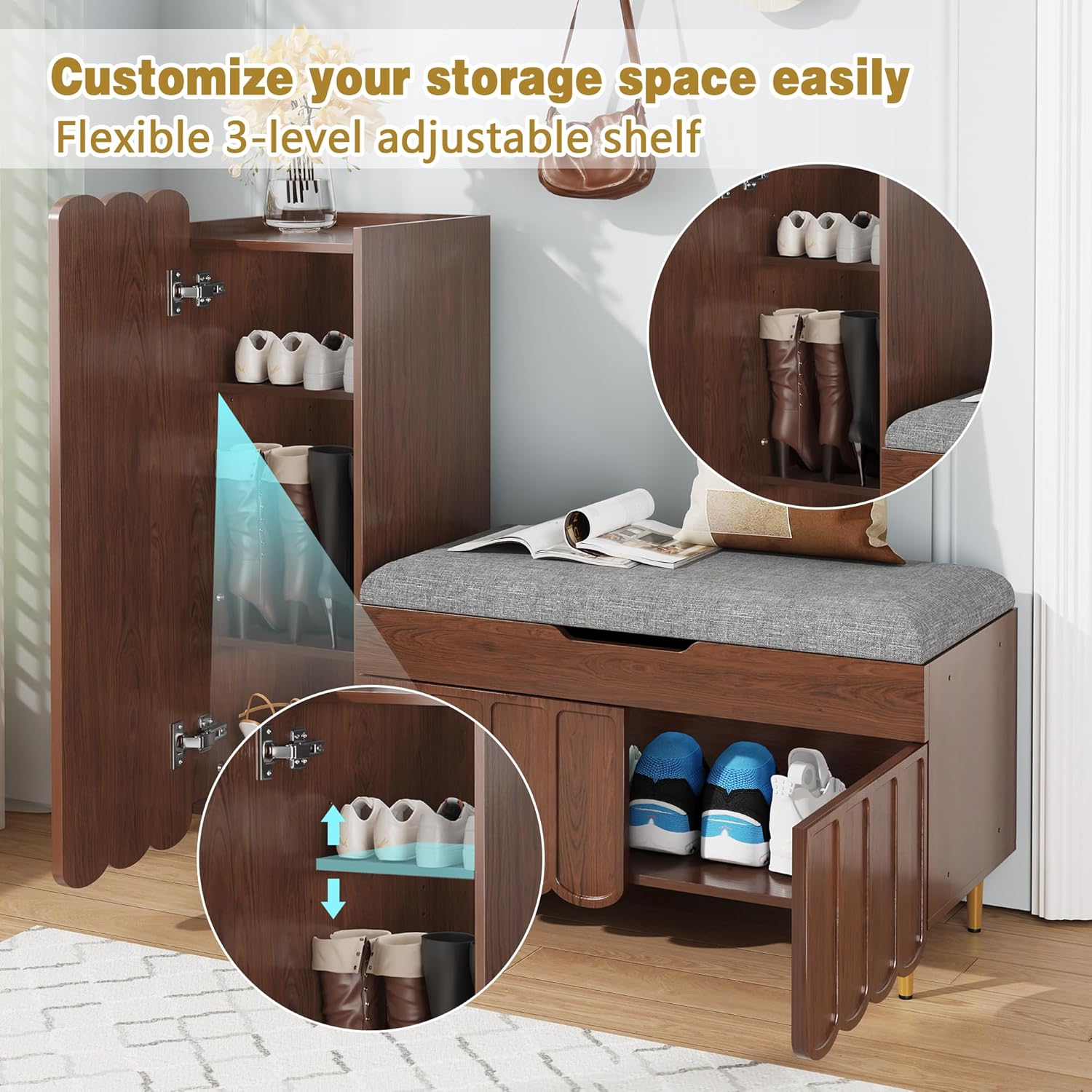 3More Shoe Organizer Cabinet,Entryway Bench with Adjustable Shelves and Cushioned Seat,Unique L-Shaped Bench Cabinet for Entryway, Hallway, Living Room