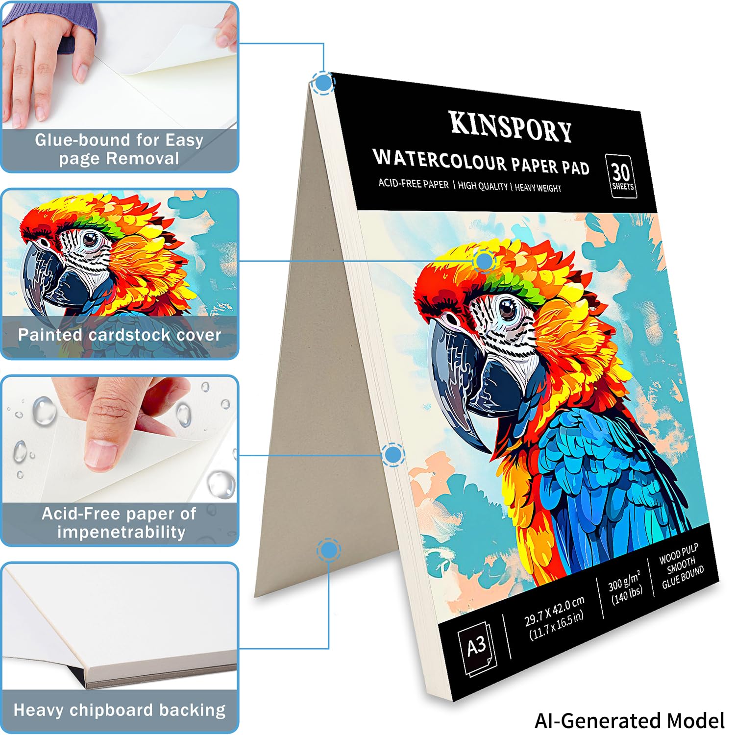 Bloc De Papel Acuarela A4 300 G/m² | 30 Hojas Prensado En Frío 21x29,7 Cm | Papel Sin Ácido Para Pintura, Dibujo Y Bocetos