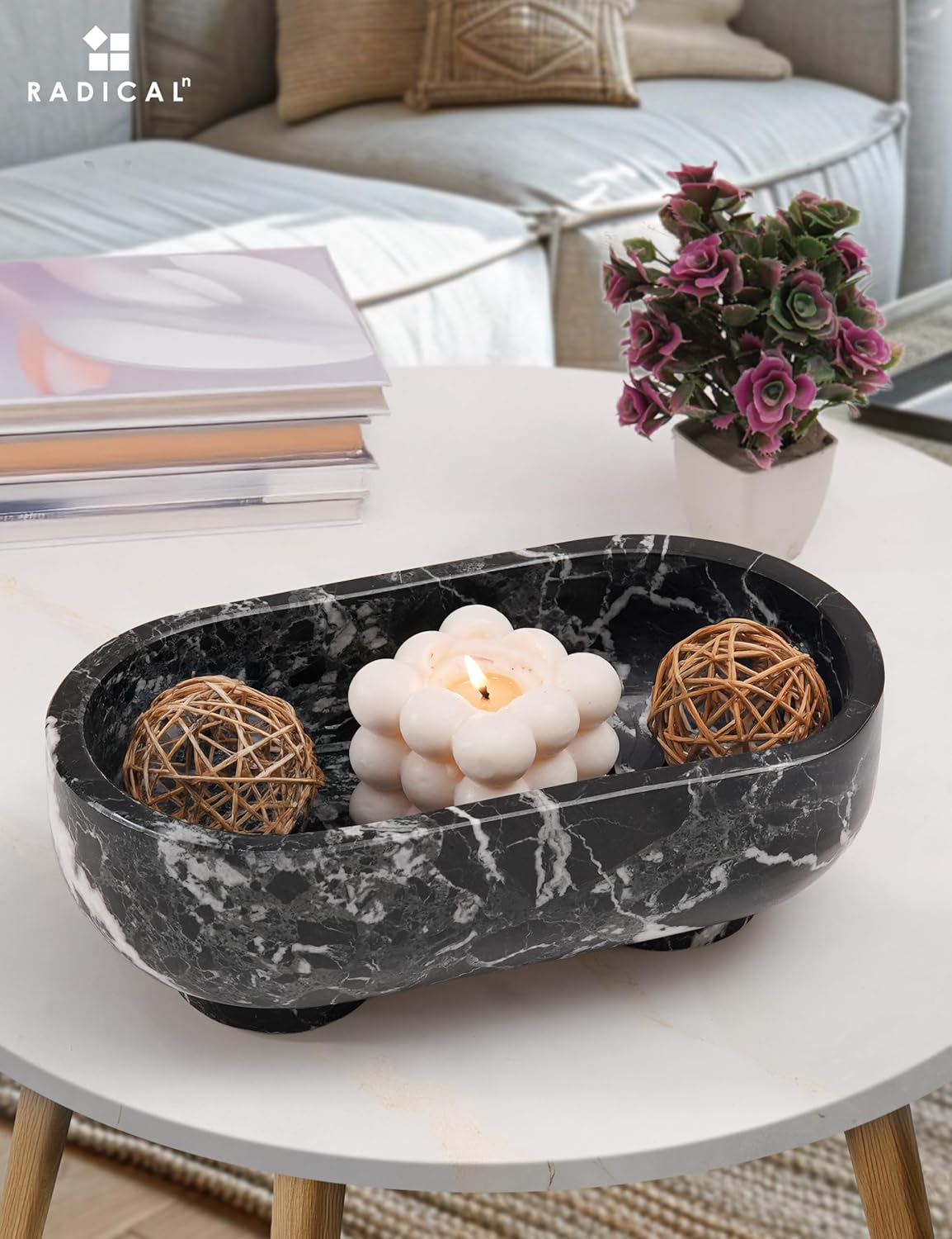 Radicaln Marble Oval Bowl With Stand 10" Inches Black Handmade Candy Dish and Candle Holder, Ideal Key Bowl, Fruit and Decorative Bowl For Entryway Table