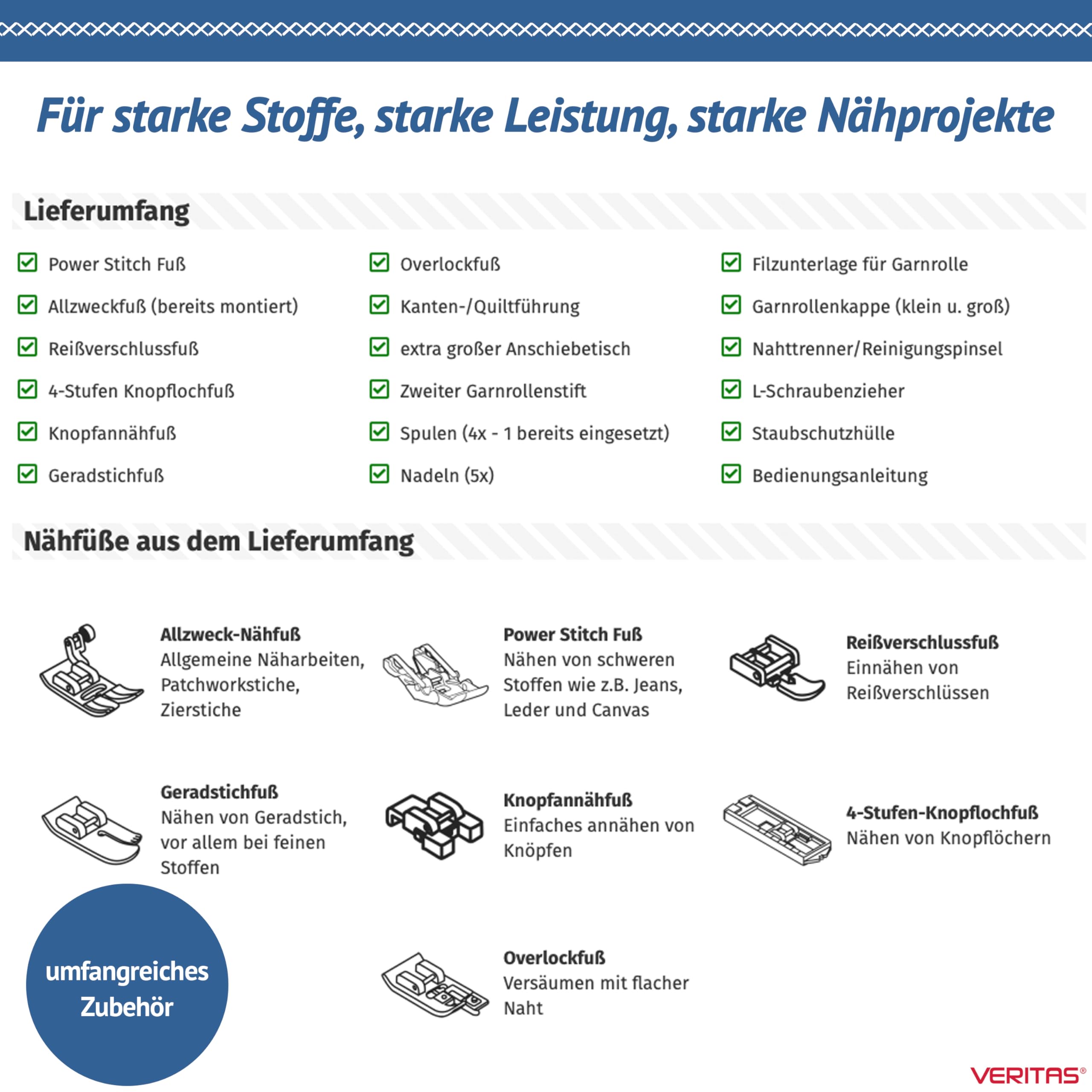 VERITAS Power Stitch Denim Nähmaschine – XXL Anschiebetisch, Einfädelhilfe, Fußpedal, bis 1.000 Stiche/Min., einstellbarer Nähfußdruck, Freiarm – für Jeans, Leder & feine Stoffe