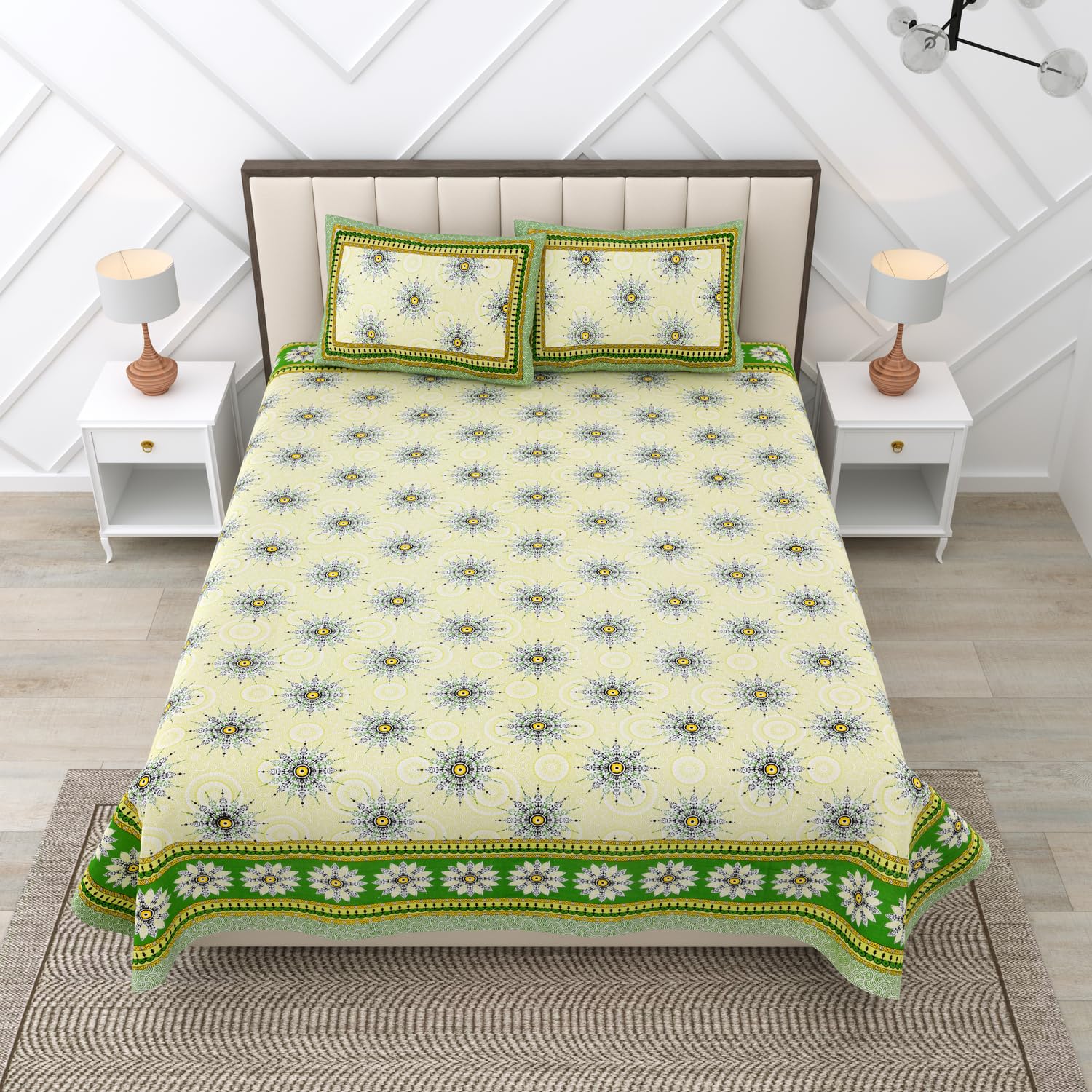 RajasthaniKart Pure Cotton 180 TC King Size BEDSHEET with 2 Pillow Cover - 90X108 (Suitable for King Size Bed Sheet or Double Bed, Green) PSP 127