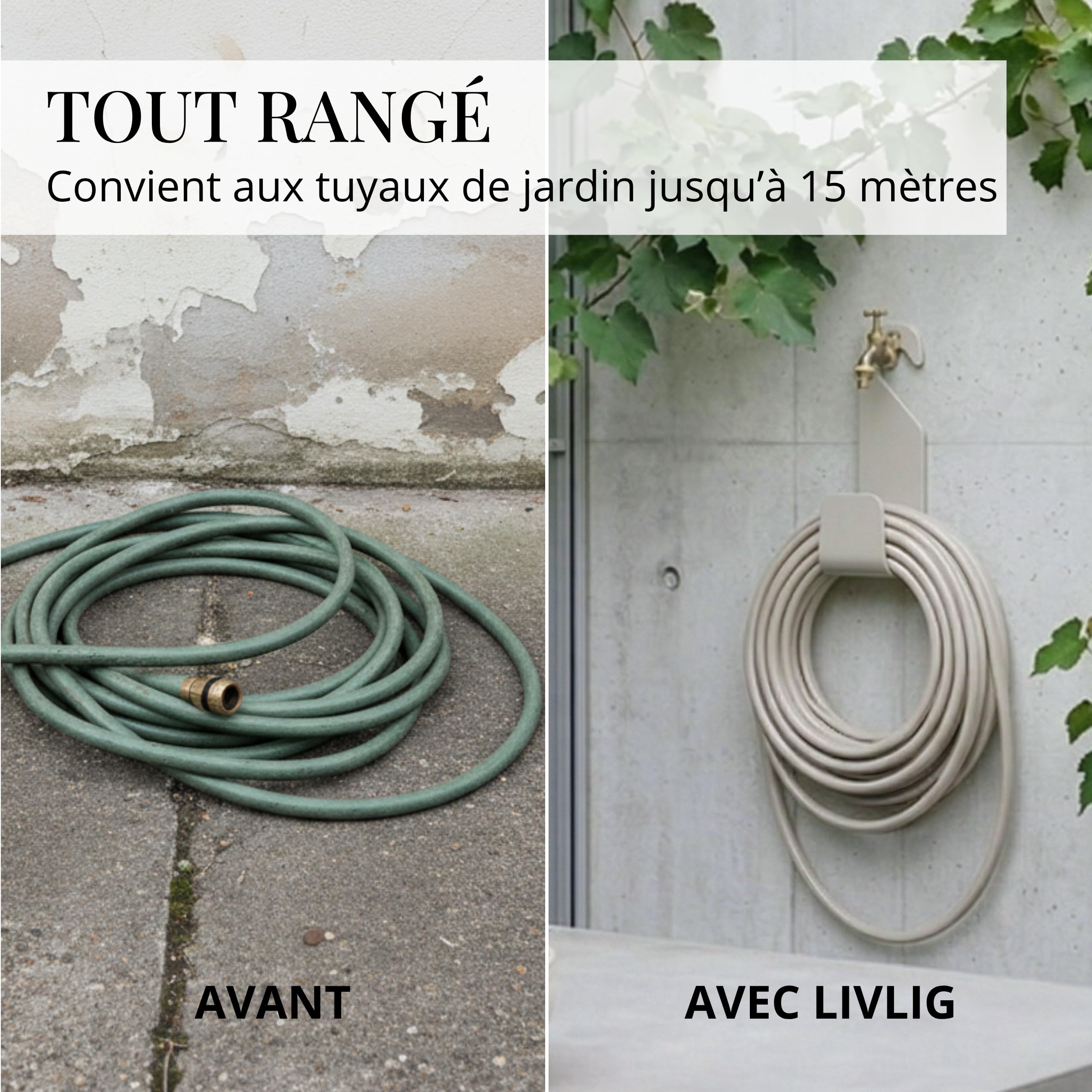 LIVLIG Crochet Support Tuyau Arrosage sans Perçage – Porte Tuyau Mural Métal pour 10m Tuyau Jardin / 20m Tuyau Flexible – Fabriqué en Italie – Greige