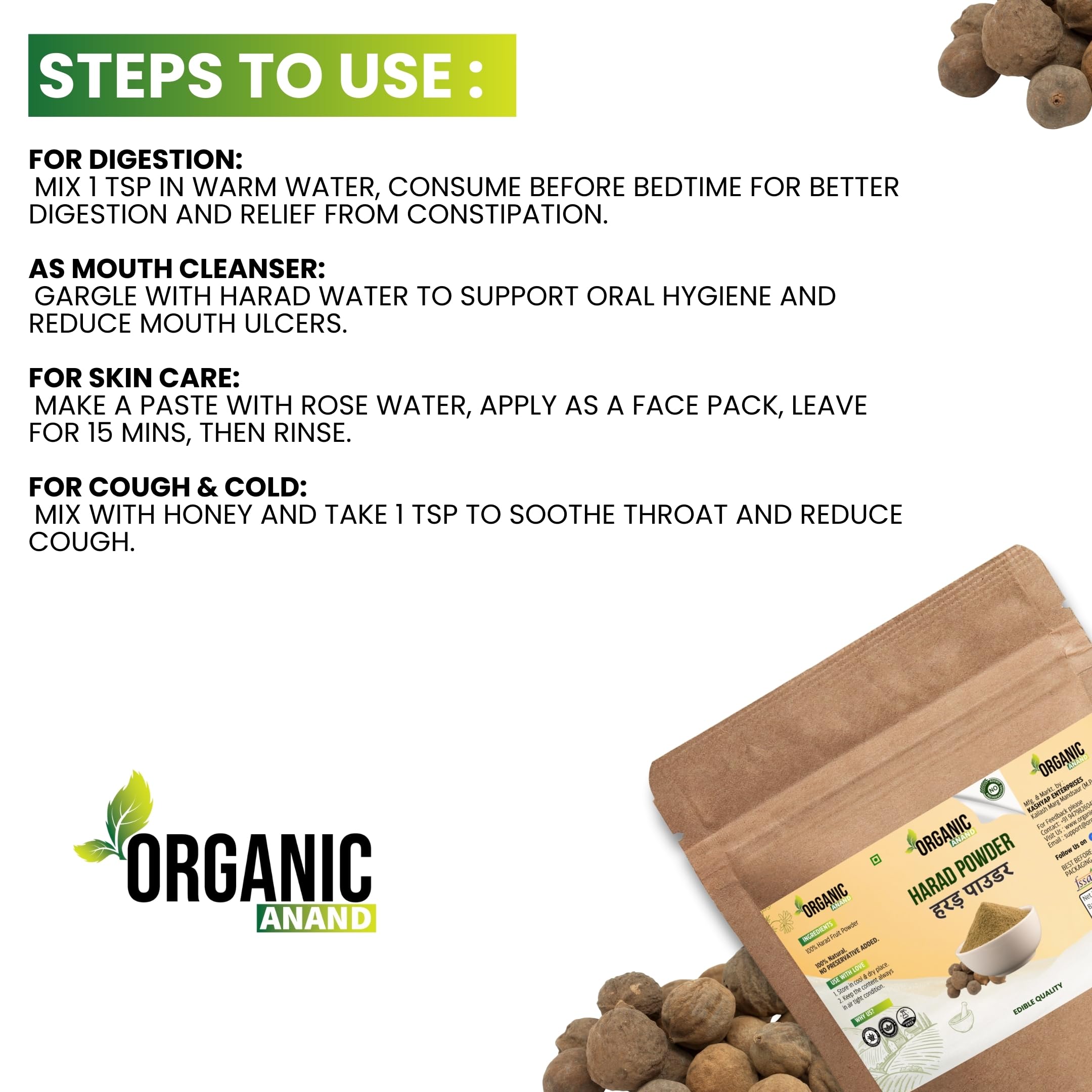 ORGANIC ANAND Harad/Haritaki Powder(200 Grams) | Terminalia Chebula | Kadukkai Podi/Karakkaya Pudiyamu | No Added Preservatives - Image 4 thumbnail