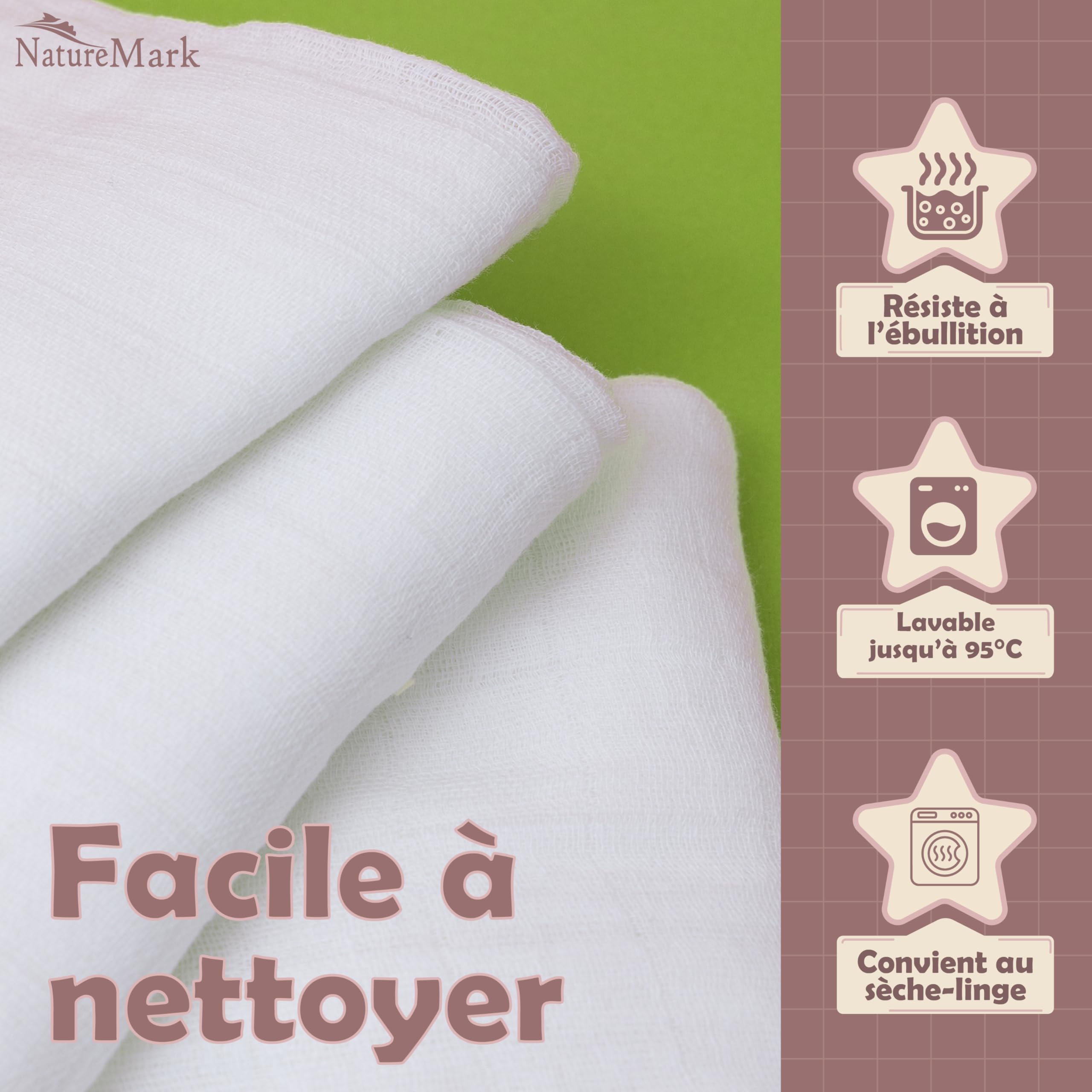 NatureMark Lot de 10 Linges en Mousseline pour Bébé – 100% Coton – Tissus Doux et Absorbants pour Allaitement & Soin du Bébé, Couches, Langes & Gants de Toilette – 70x70 cm, Blanc