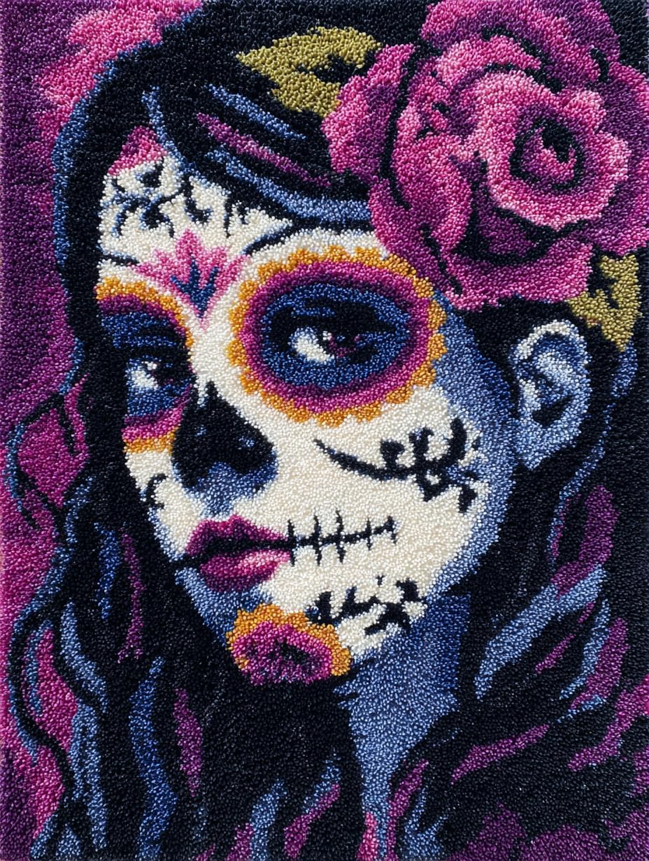 DIY Latch Hook Rug Kit Black and Purple Sugar Skull Girl Easy for Beginners Crochet Yarn Hook and Latch Tapestry Mat Cushion Craft Set for Home Decor 38x52cm-2