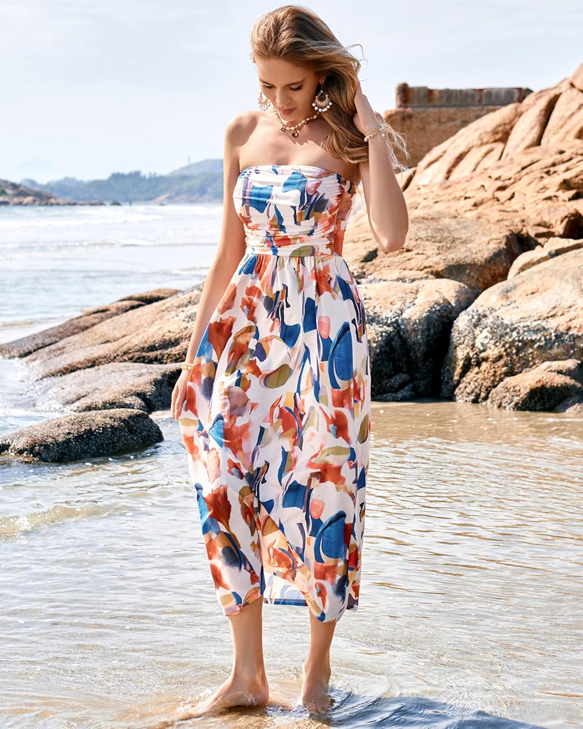 GRACE KARIN Women Strapless Dress Casual Loose Ruched Long Maxi Dress with Pockets - Image 4