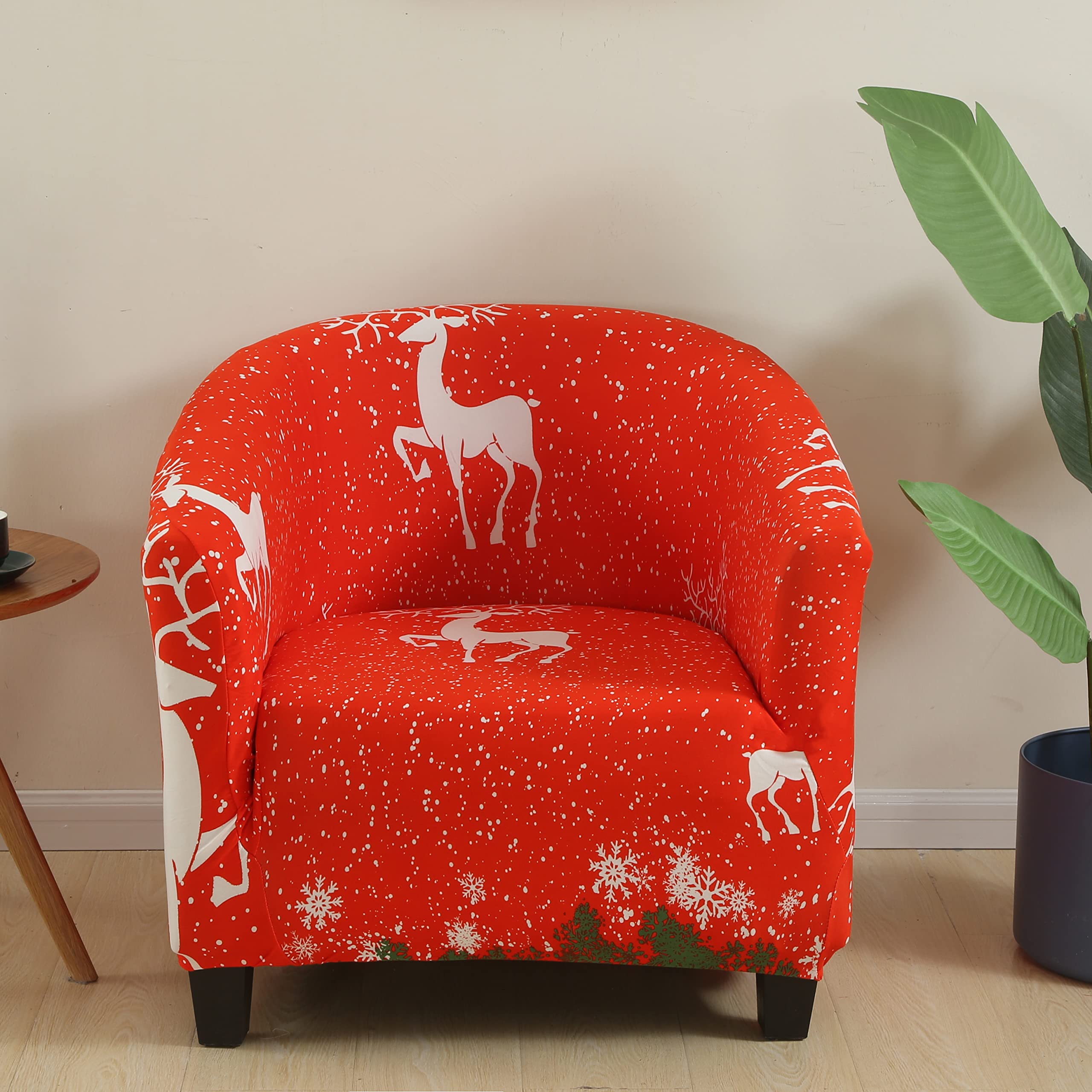 XMNTG Christmas Club Chair Slipcover Stretch Barrel Chair Covers Xmas Red Reindeer Printed Armchair Slipcover Soft Tub Chair Cover Washable Furniture Protector for Cafe Living Room Kids (Dark Red)