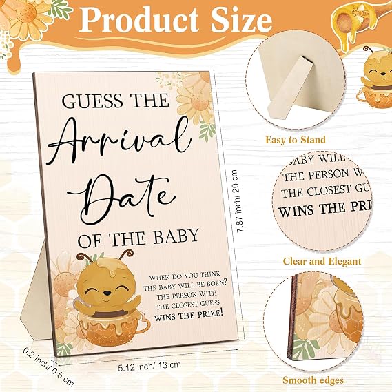 Sintuff Baby Shower Guess Due Date Calendar Baby Shower Game, Bee | 1 Pcs Guess the Arrival Date of the Baby Shower Wooden Sign, 1 Prediction Calendar, 12 Fineliner Colored Pen, Favor for Adult
