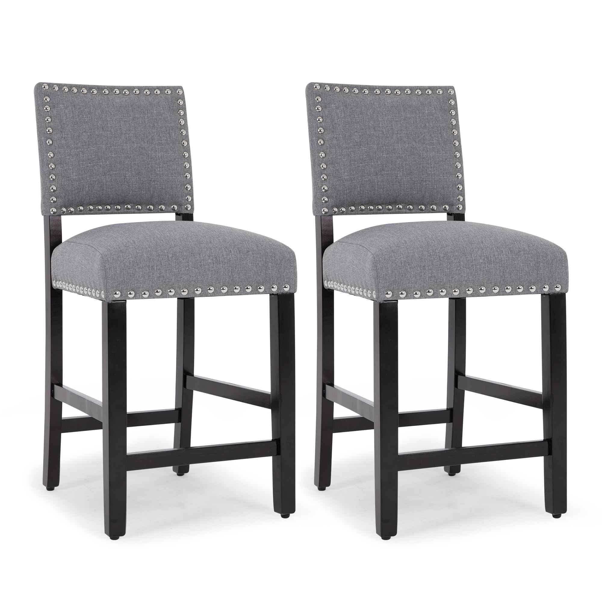 LSSBOUGHT Counter Height Barstools Linen Fabric Upholstered Counter Stool with Rubber Wood Legs Nailed Trim Bar Chair for Kitchen Island (Grey, 2Pcs