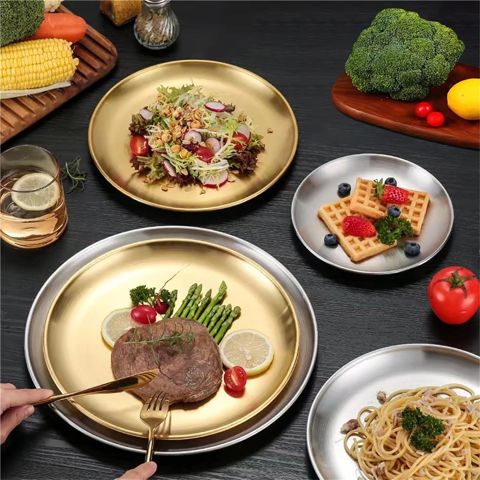 Bandeja de Servicio de Acero Inoxidable Juego De 6 Platos Acero Inoxidable For Pollo Frito, Barbacoa, Carne, Verduras, Frutas, Bandeja Almacenamiento For Fiestas(30cm Gold)