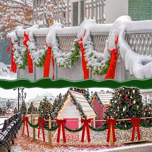 Miniatura 6 de Riceshoot Guirnalda de Navidad de 50 pies con luces y lazos rojos grandes, decoración de valla de Navidad, guirnalda de Navidad artificial con 8
