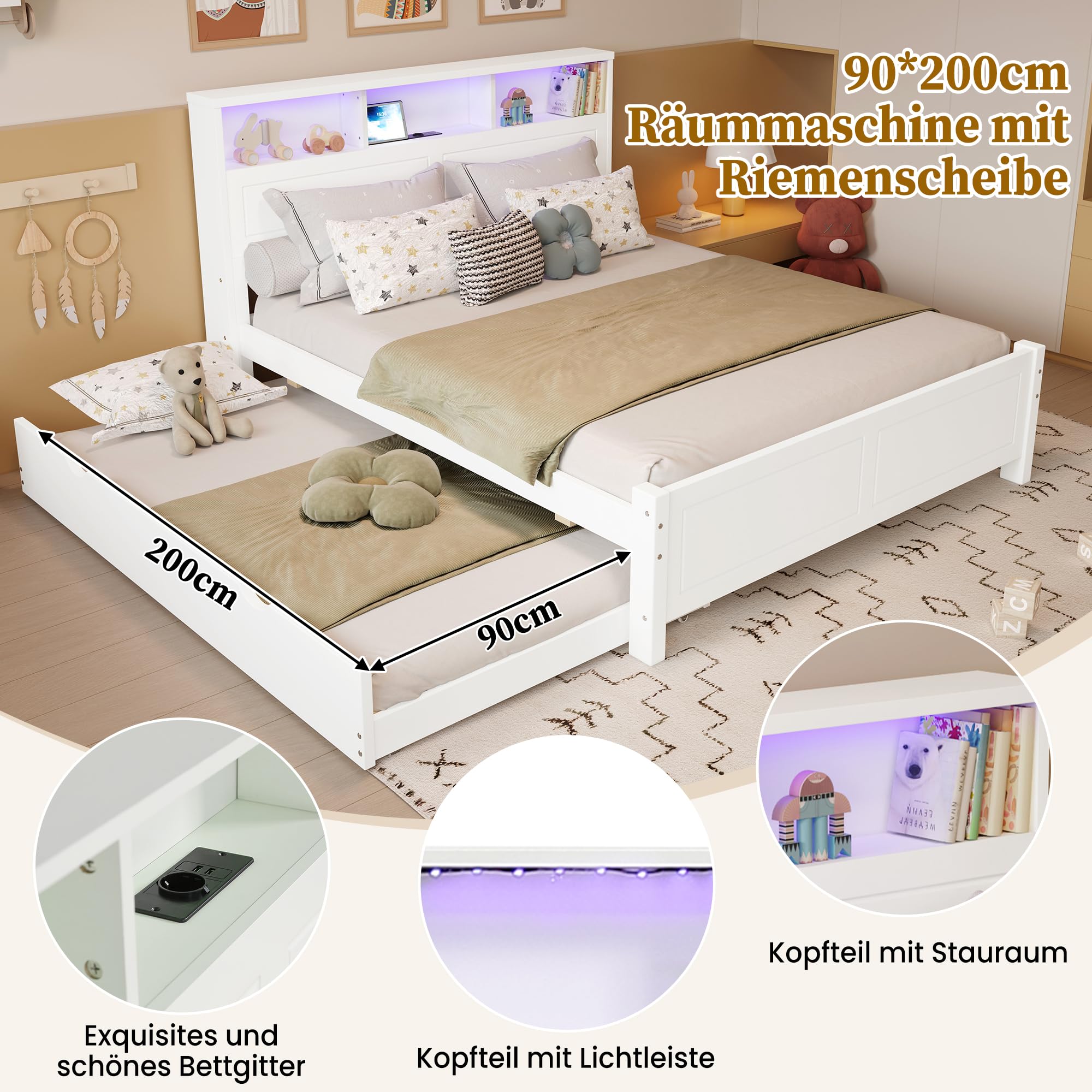 Letto Matrimoniale con letto Estraibile 120x200 e 90 * 190 cm, Letto Piano con Striscia Luminosa, Presa di Ricarica Integrata, Contenitore nella Testiera, struttura in pino e MDF, Bianco