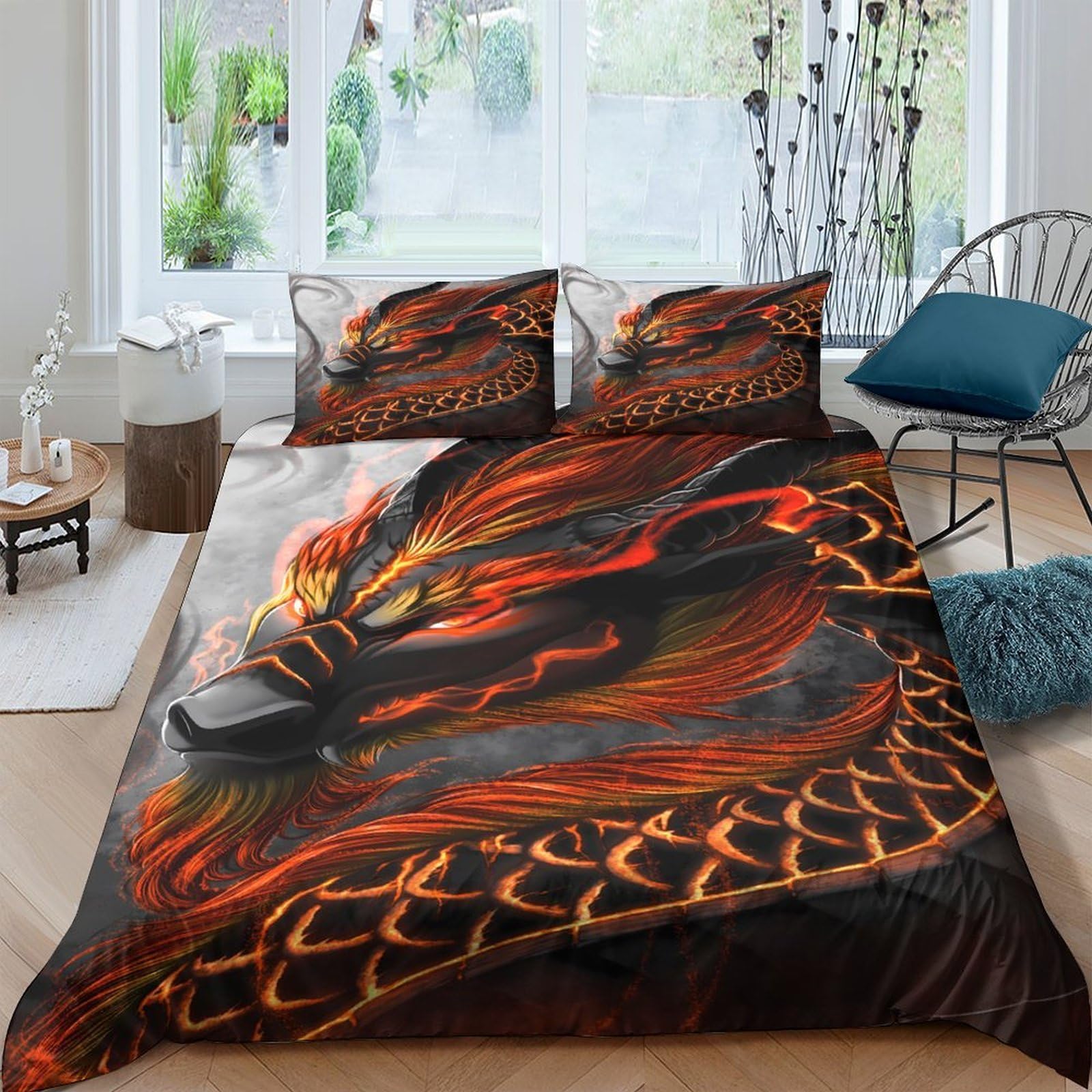 Ctjqhvkz Style-2 3D Printed Fire Dragon Fitted Sheet Microfiber Soft Black Red Flame Bed Cover For Bedroom Dorm Mattress Decor Single（135X200cm）