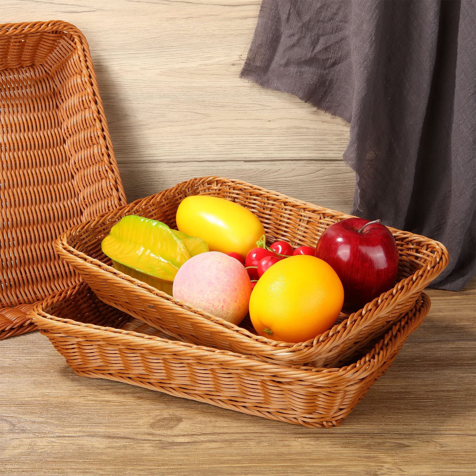 Set 3 Cestini Per Pane In Finto Vimini ZEONHAK - 30x20x7cm, Colore Marrone Per Cucina E Tavola | Intreccio Decorativo - Foto 7