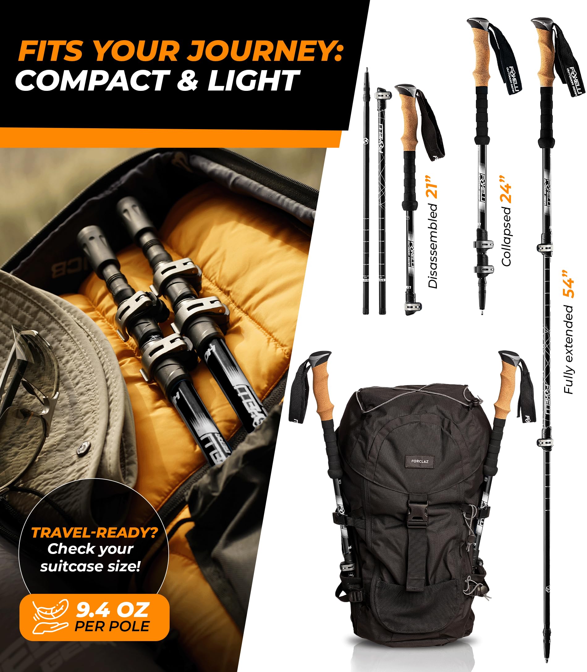 Foxelli Bastoncini da trekking – Confezione da 2 bastoncini da trekking pieghevoli, leggeri e resistenti, in alluminio aeronautico, regolabili, con impugnature in sughero naturale e accessori per