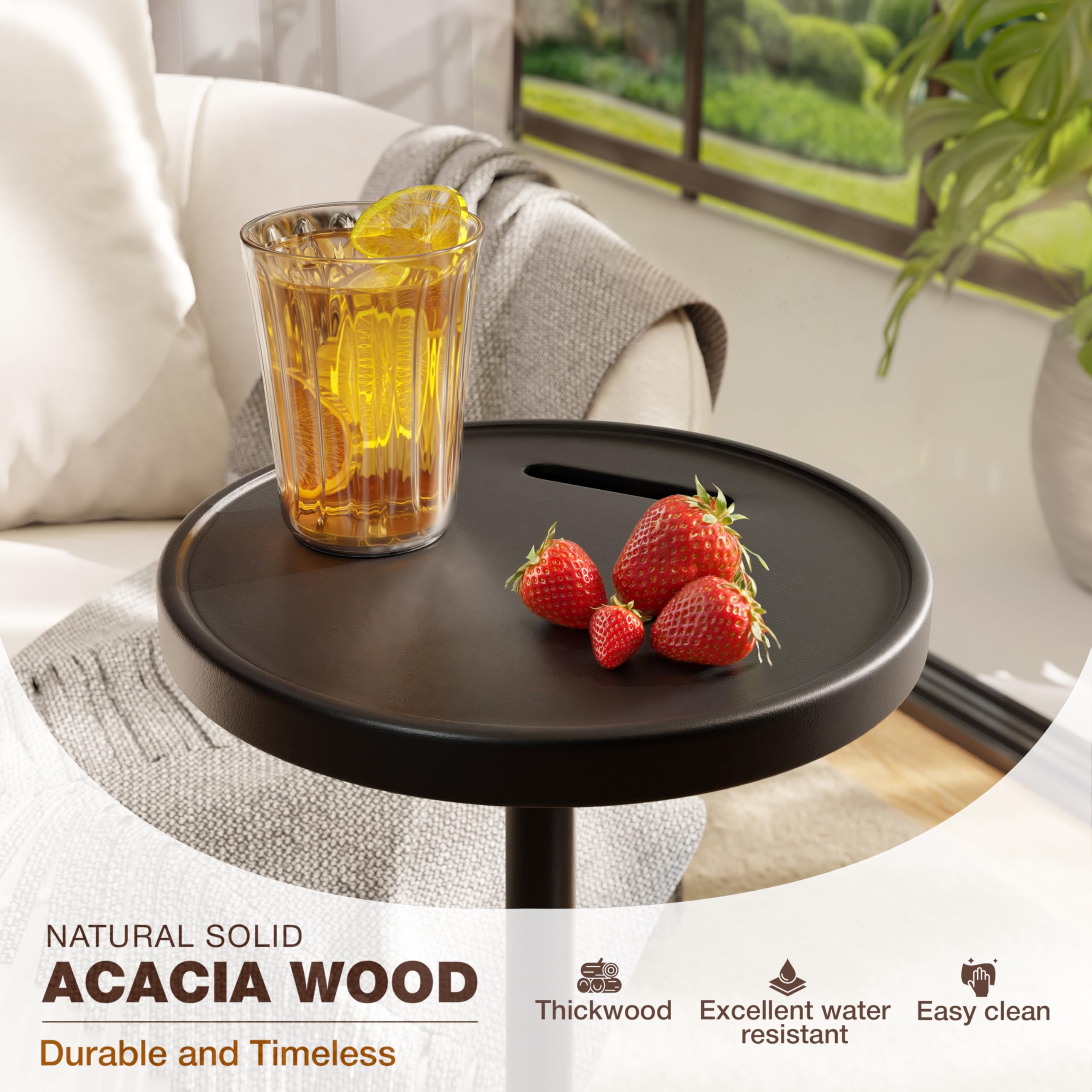 Mesa de bebidas, mesa auxiliar compacta de 24.4 pulgadas de alto con ranura para teléfono y base pesada, mesa de pedestal duradera para sala de estar (base escalonada, negro) 3